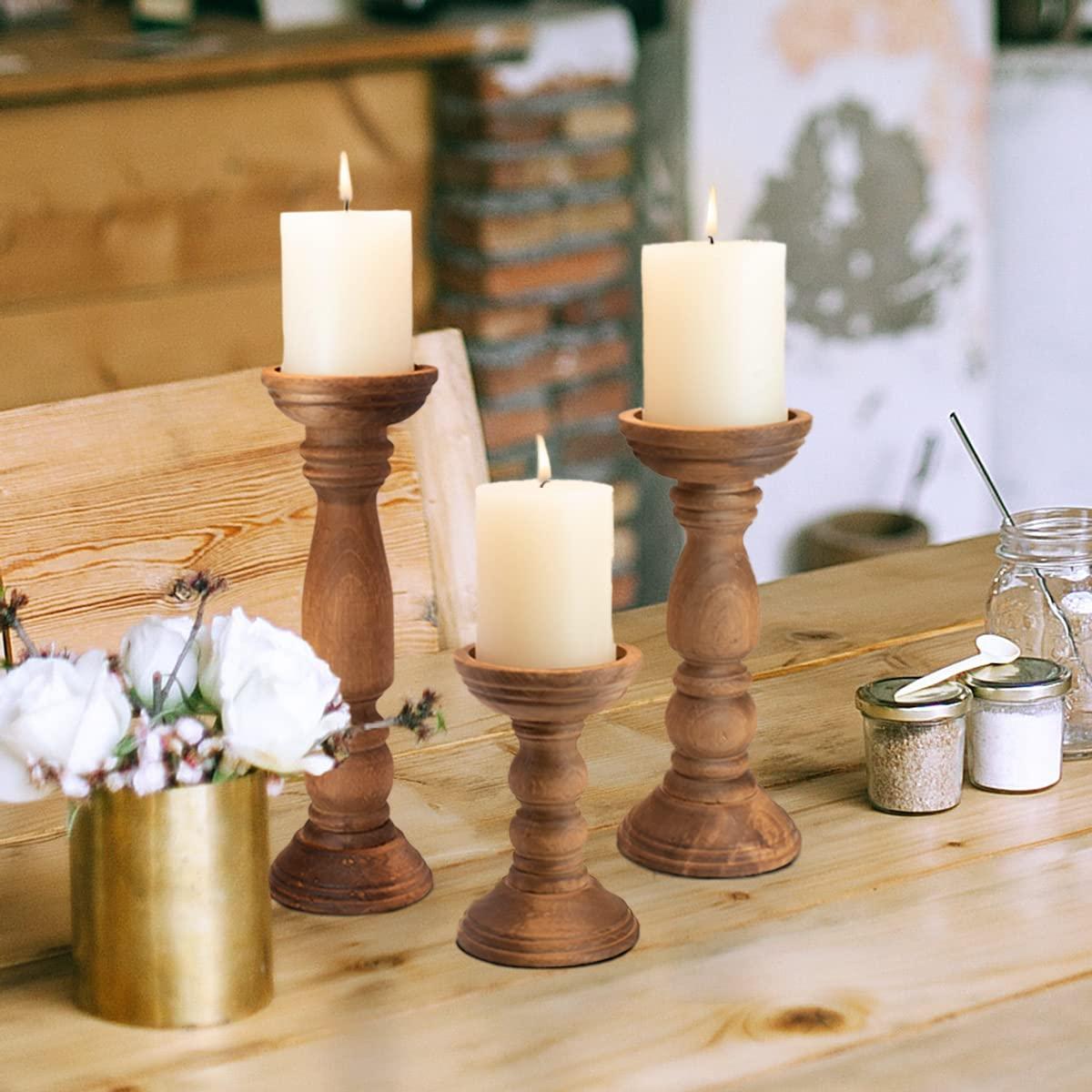 Farmhouse Wooden Candle Holders for Pillar Candles Set of 3, Rustic Wood Candle Holder Table Centerpiece Decor, 12'' 9'' 6'' Vintage Tall Candle Stand Decorative, Brown - Image 6