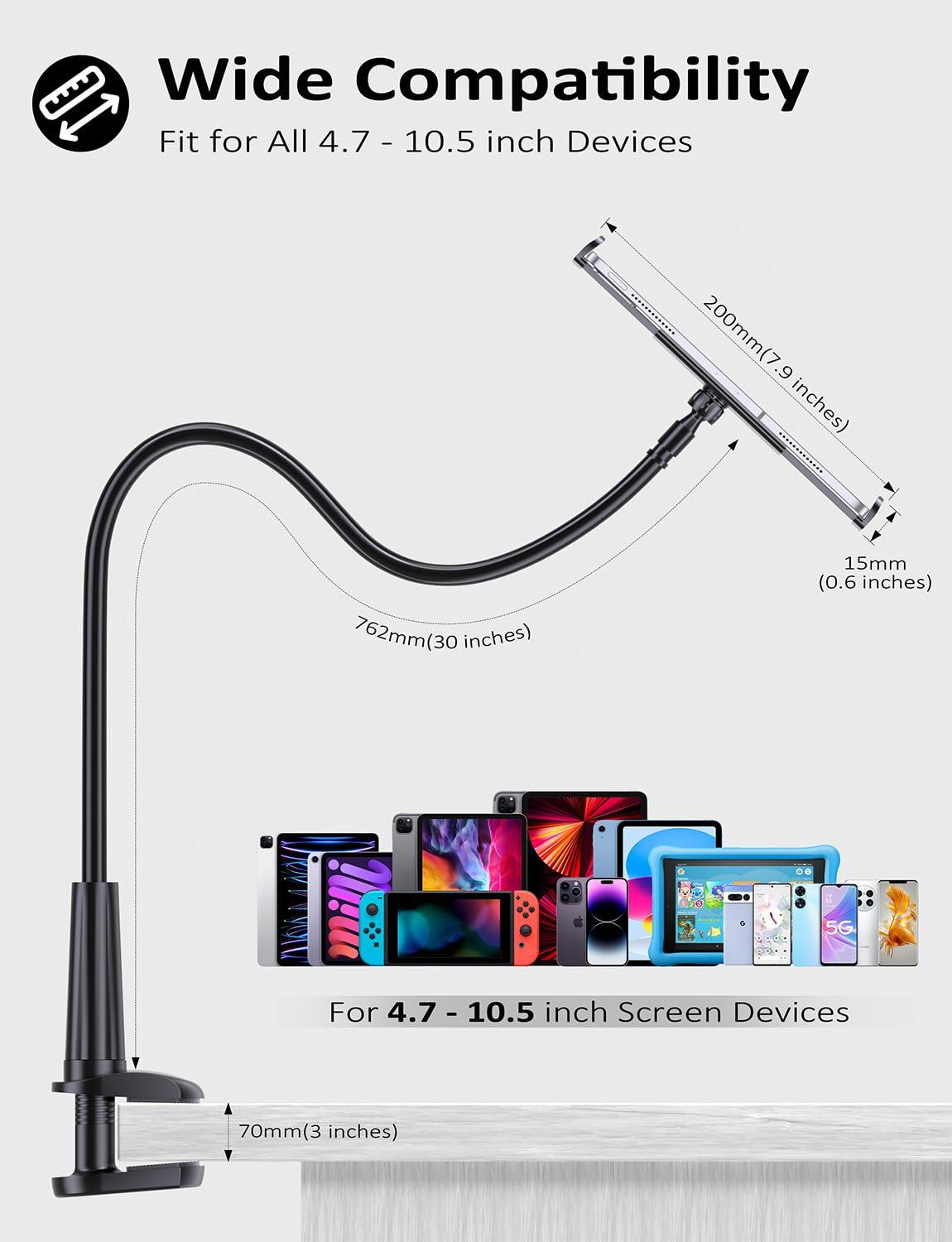 Tryone Gooseneck Tablet Holder Stand for Bed Adjustable Flexible Arm Tablets Mount Clamp on Table Compatible with iPad Air Mini | Galaxy Tabs | Kindle Fire | Switch or Other 4.7-10.5" Devices - Image 5