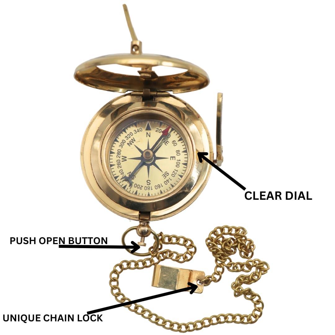 Vintage Brass Sundial Compass with Leather Case - Antique Brass & Copper Sun Clock for Camping, Hiking, Touring - Engraved Gift for Him - Nautical Ship Replica Watch - Sundial Clock in Box - Image 2