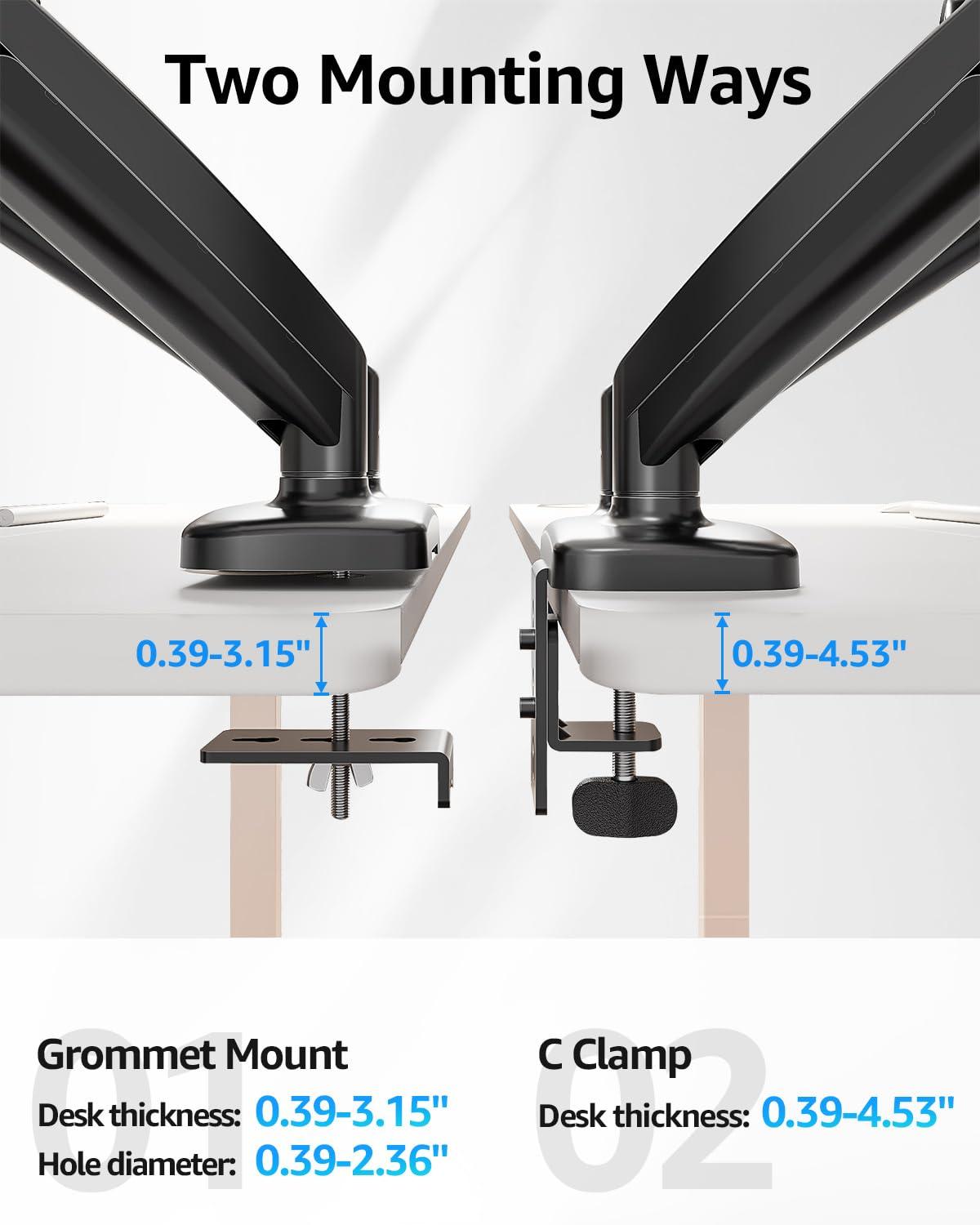 MOUNTUP Dual Monitor Stand for Desk, Pneumatic Monitor Arms for 2 Monitors Max 32 Inches, Height Adjustable Double Monitor Mount, VESA Mounts with C-Clamp & Grommet Base, Holds 4.4-17.6lbs, Black - Image 6
