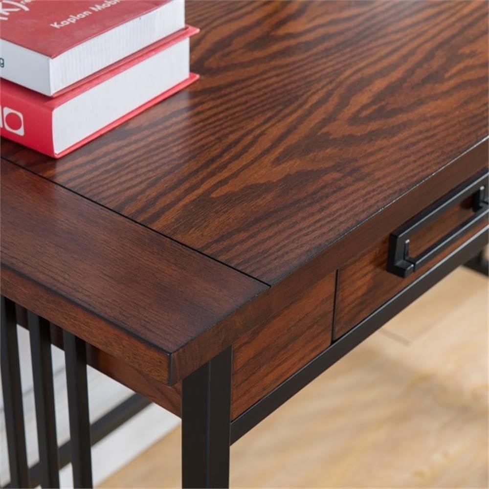 Ironcraft Rustic Writing Computer Desk with Drop Front Keyboard Drawer, Solid Wood Home Office Desk, Mission Oak and Black – Leick Home, 11200 - Image 4