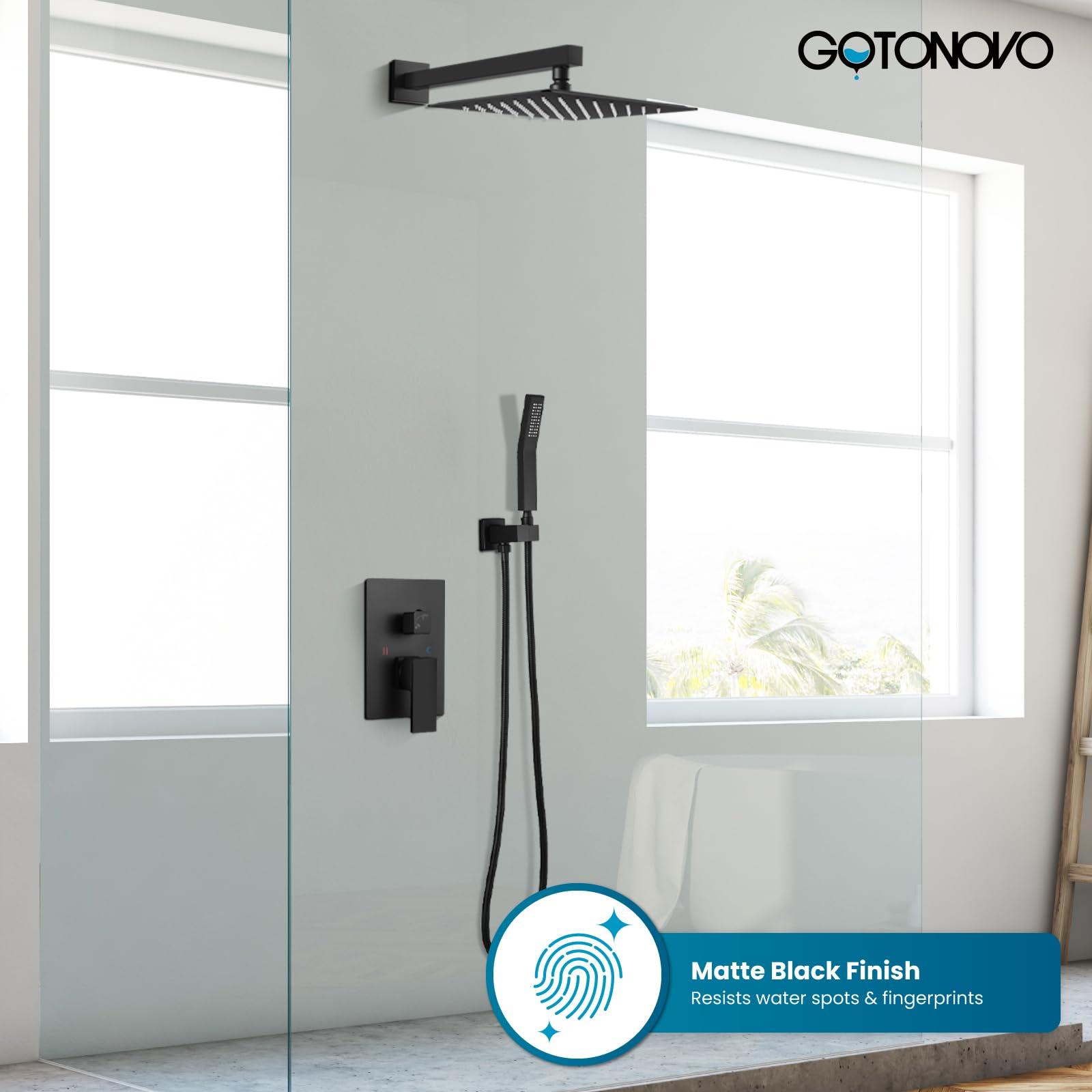 gotonovo Rainfall Bathroom Shower System Rain Shower Head and Handle Set Wall Mounted Shower Complete Combo Solid Brass Pressure Balancing Shower Mixer Valve 10 Inch Matte Black - Image 3