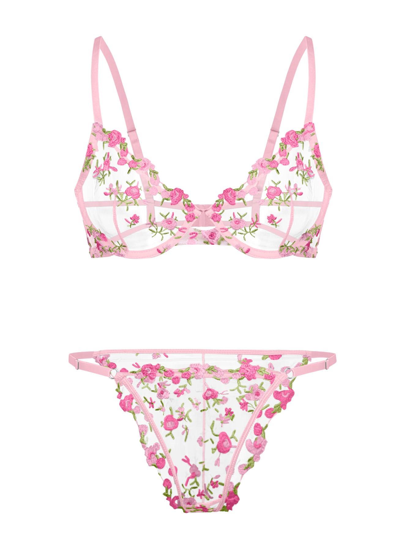 Lilosy Sexy Floral Embroidered Mesh Sheer Underwire Lingerie Set