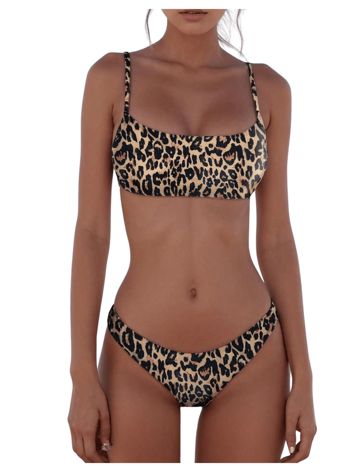 SweatyRocks Women's Leopard Print Bikini Set High Cut Low Rise 2 Piece Swimsuit Swimwear