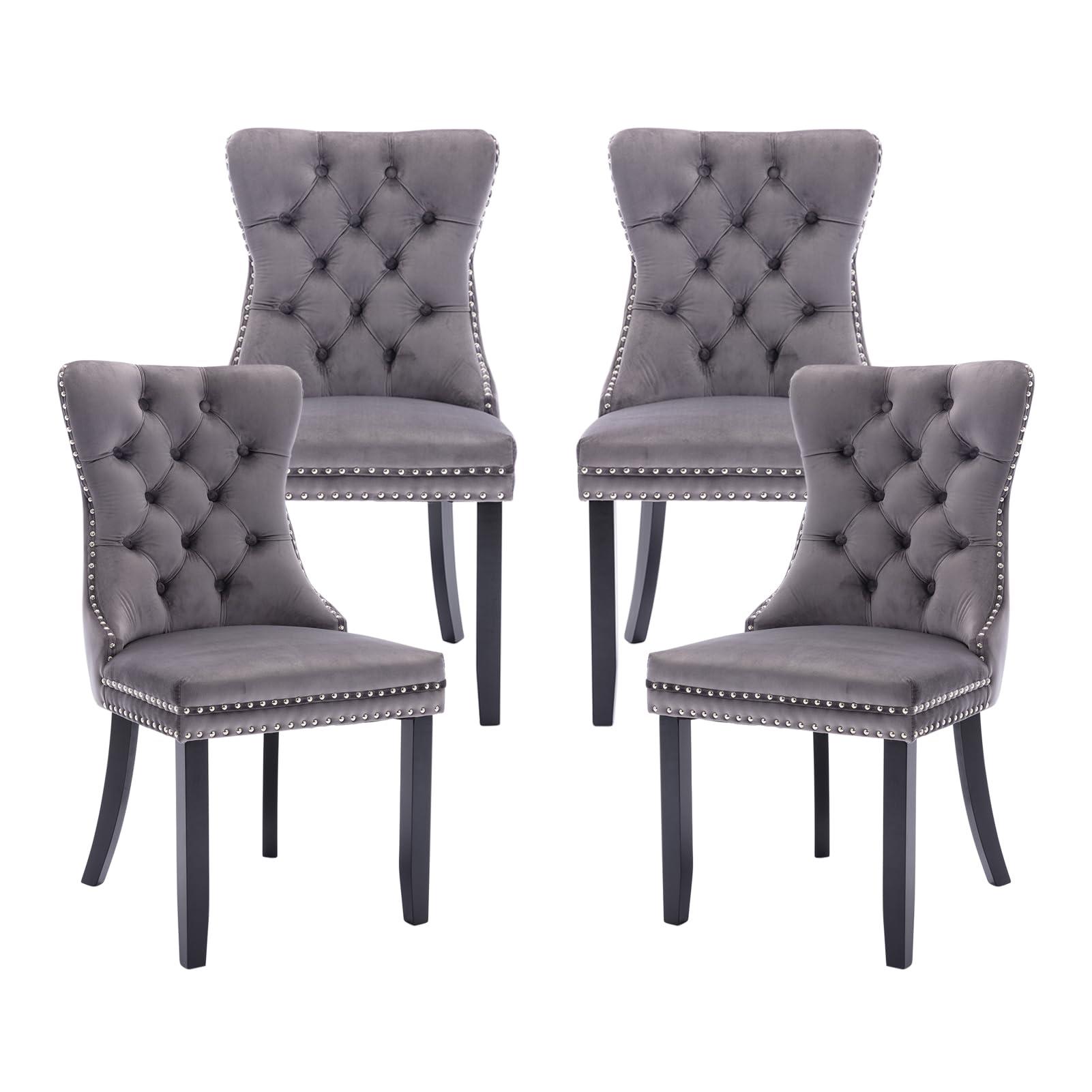 Hixkol Velvet Dining Chairs Set of 4,Upholstered Dining Chairs with Ring Pull Trim and Button Back,Modern Seating for Kitchen, Bedroom & Living Room(Grey)