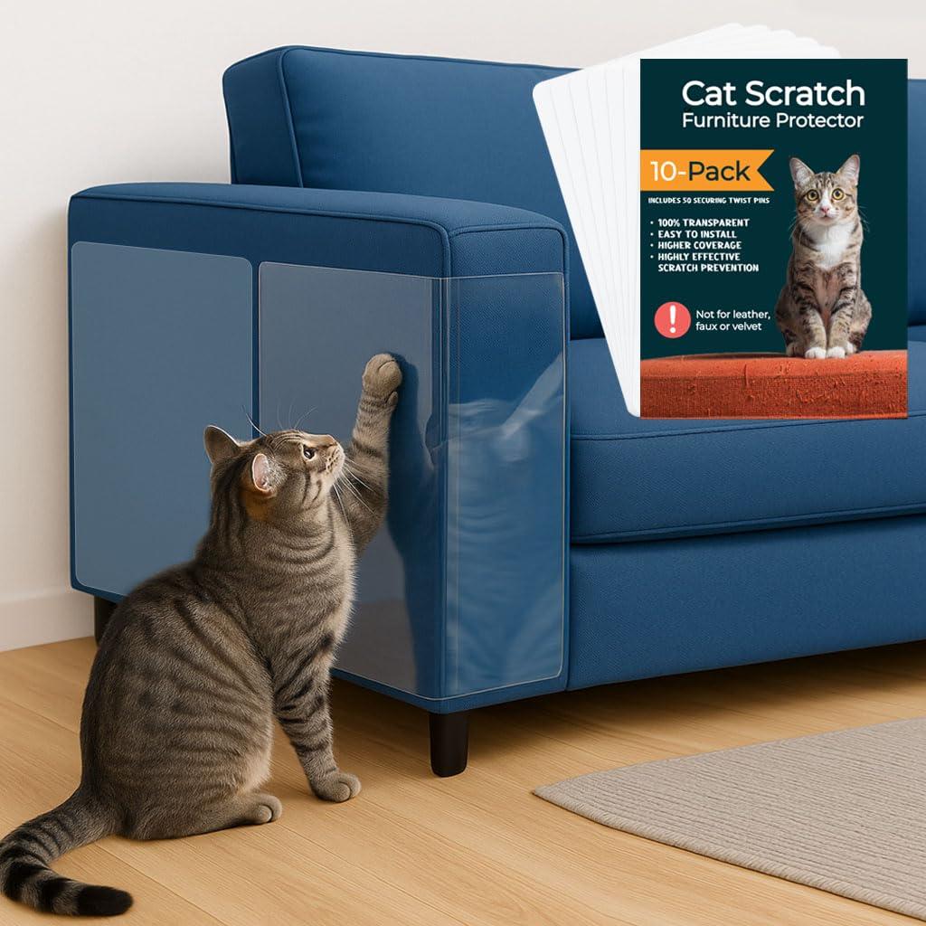 FixZilla Anti Cat Scratch Furniture Protector, 10-Pack Couch Protector from Cat Claws - Heavy-Duty, Easy-to-Apply Scratching Deterrent and Shield for Sofa Corners, Walls, Doors- with 50 Twist Pins