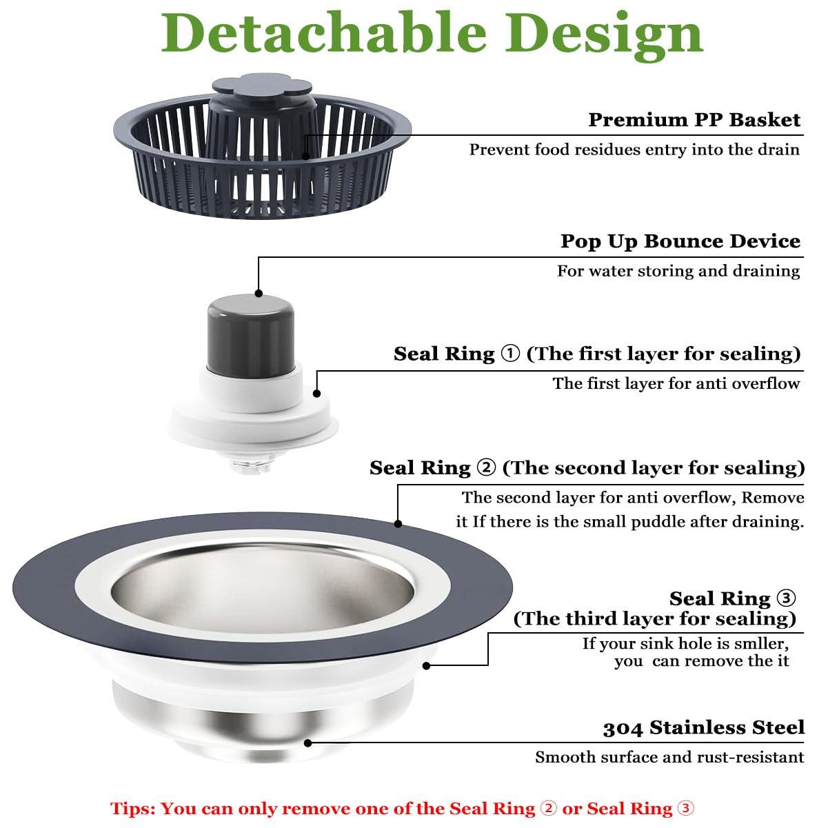 WSYLEN 3 in 1 Kitchen Sink Drain Strainer and Stopper Combo, Stainless Steel Pop Up Kitchen Sink Stopper, Sink Drain Strainer for Standard 3-1/2 Inch Drain - Image 5