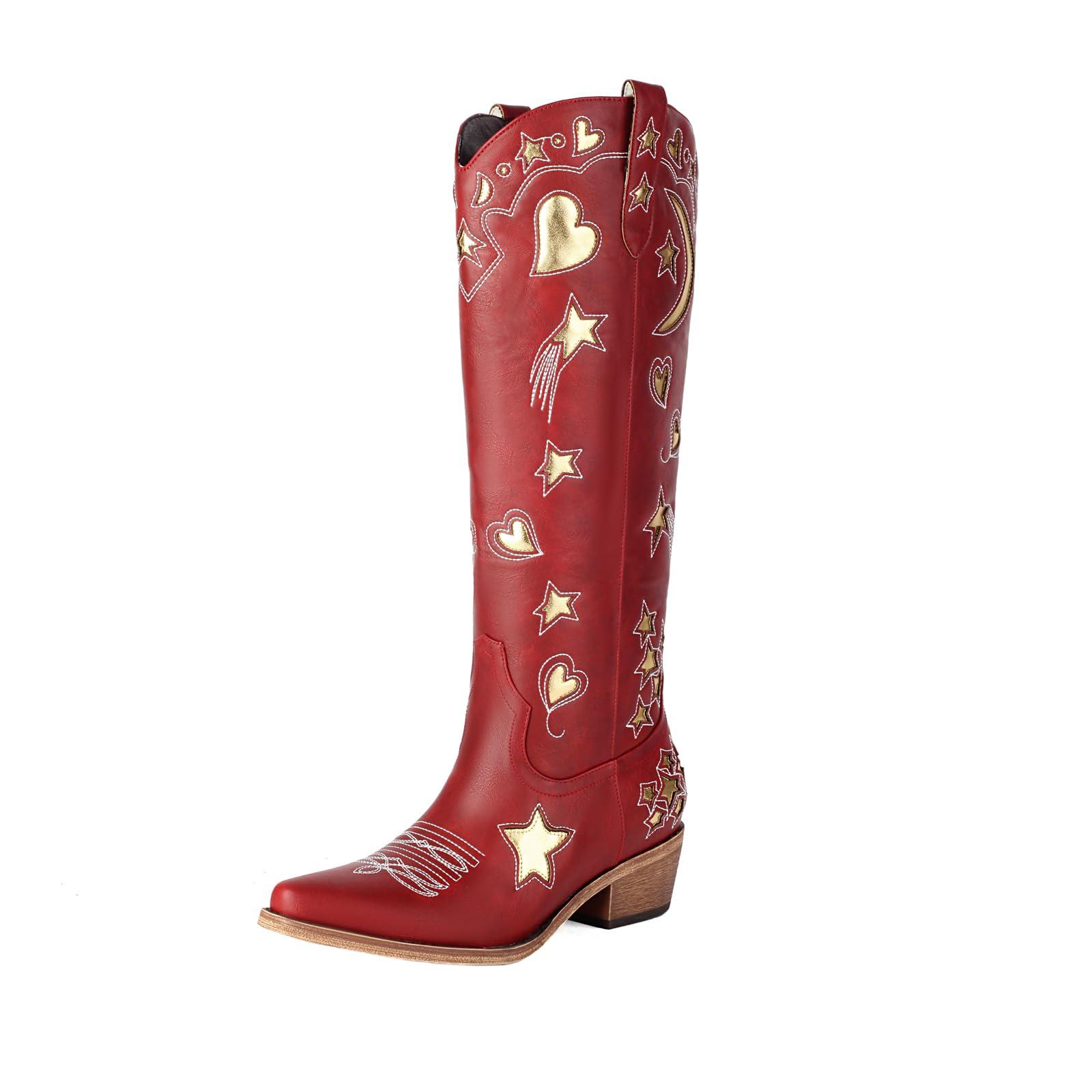 AIWGLESOLE Western Cowboy Boots for Women Knee High, Stars Moon Heart Patterns Low Heel