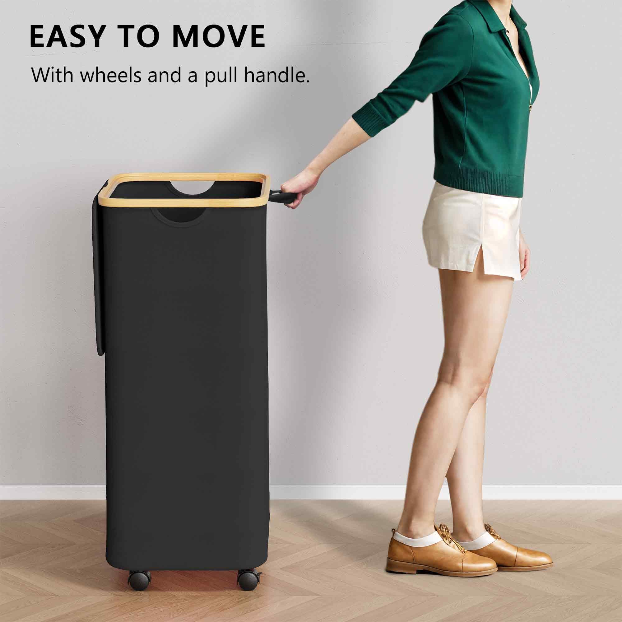 SUOCO Laundry Hamper on Wheels 100L, Clothes Basket with Lid and Bamboo Handles, Foldable Laundry Hamper for Bedroom, Bathroom, Dorm, Laundry Room - Black - Image 5