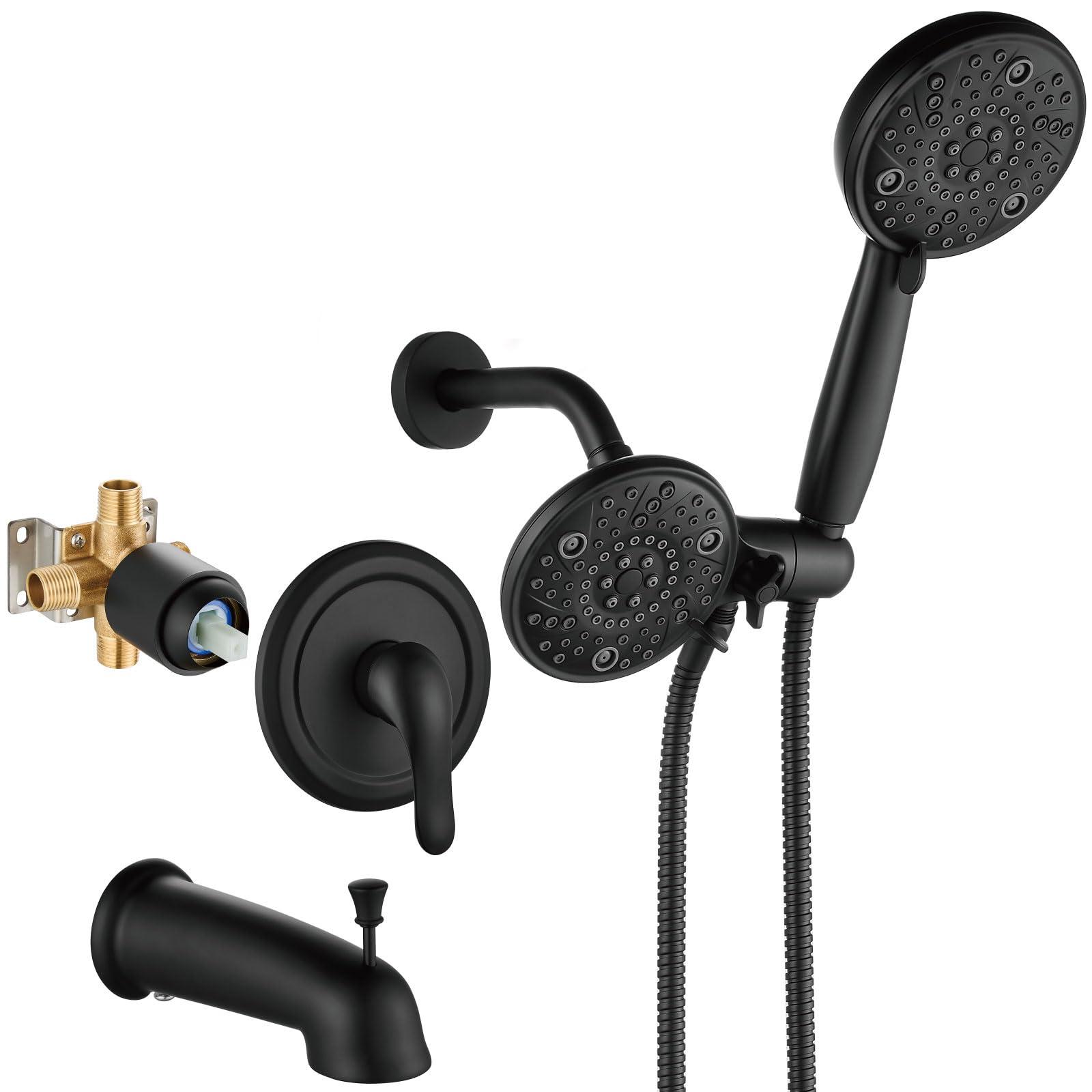 Aolemi Tub Shower Faucet Set with Tub Spout Rain Shower Head System Shower Trim Kit Pressure Rough-in Valve Included ABS 8 Setting Dual Shower Head and Handheld Spray Matte Black