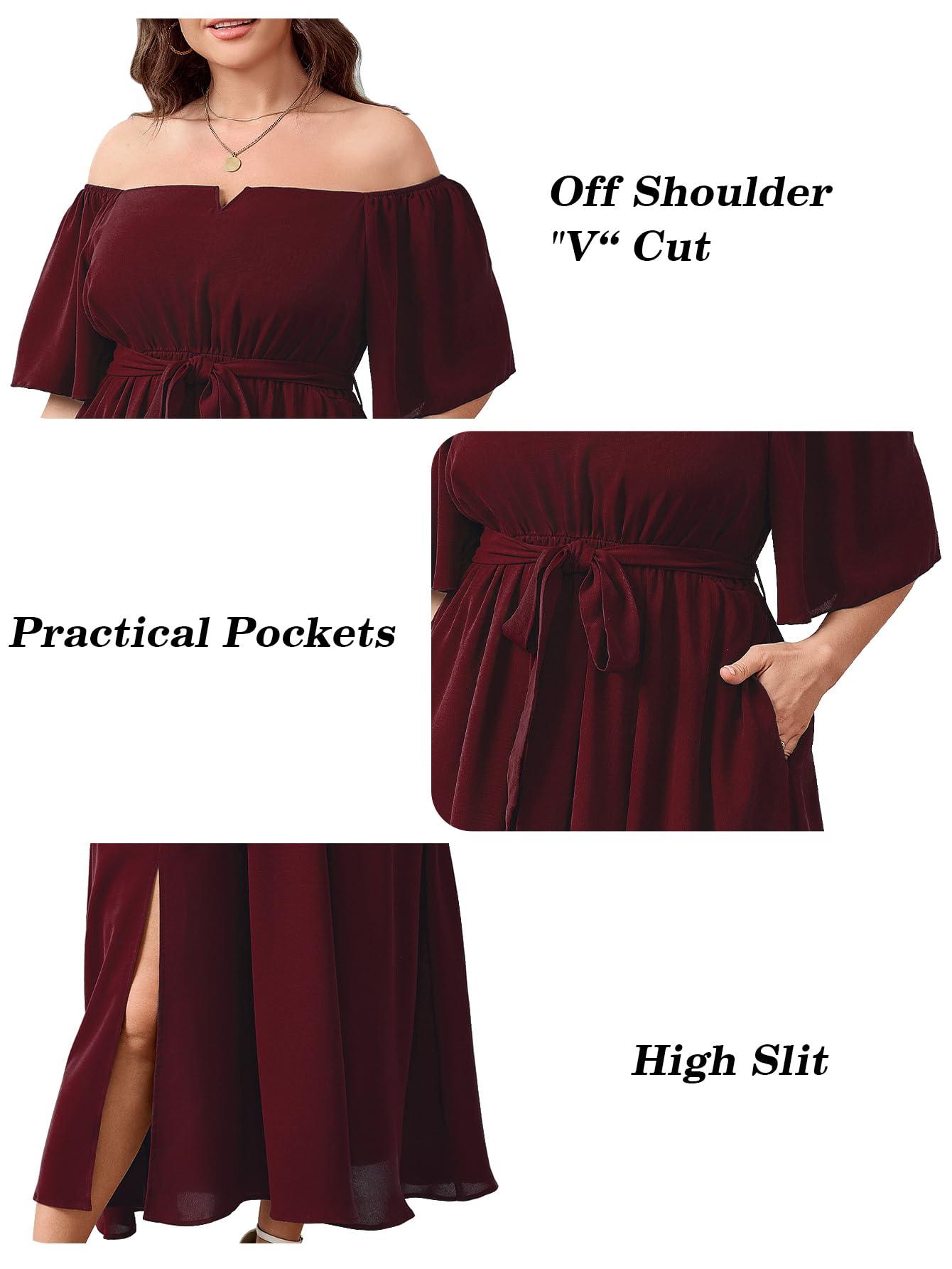 SCOMCHIC Womens Plus Size Formal Maxi Dress Off The Shoulder Wedding Guest Cocktail A-Line Split Long Dress with Pockets - Image 3
