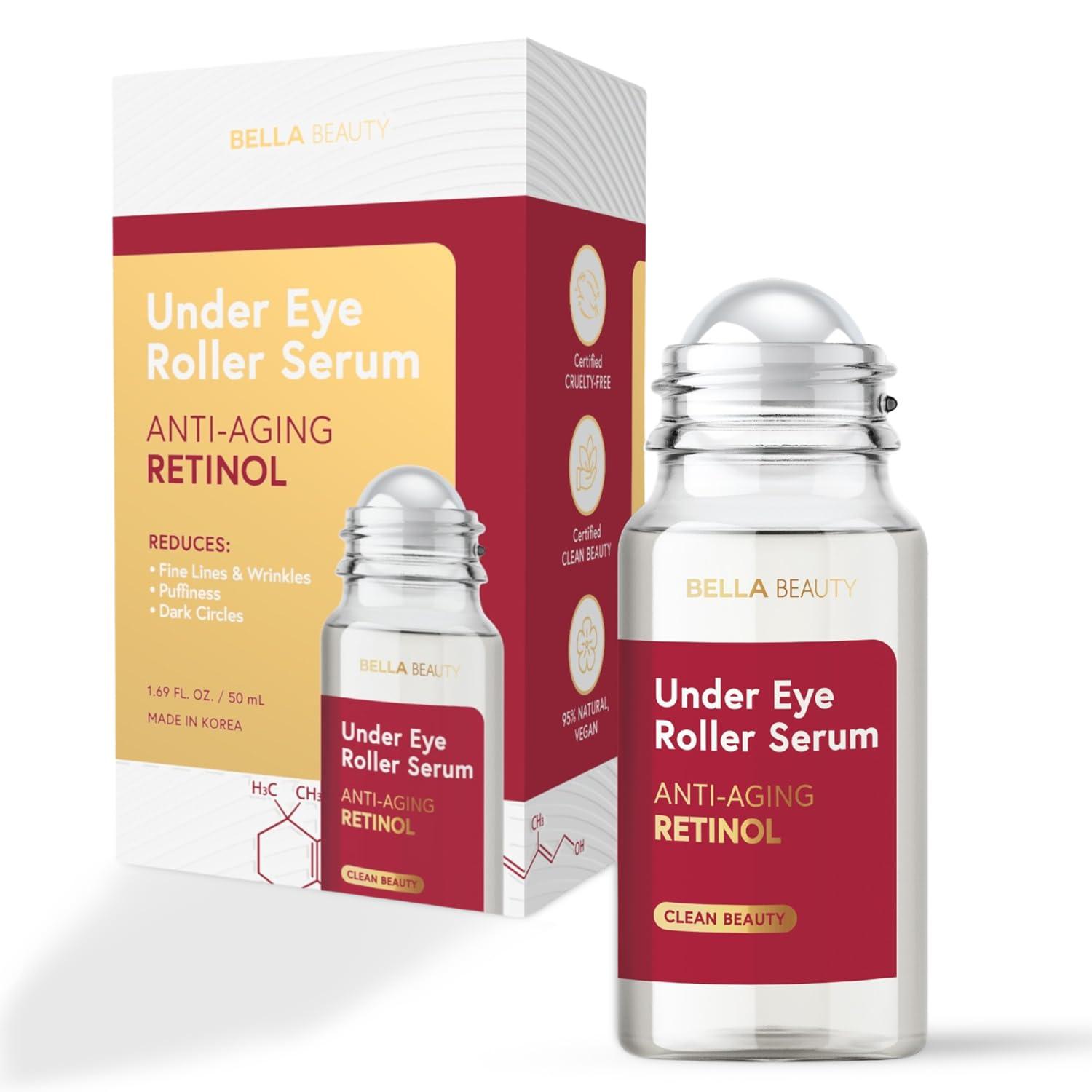 Bella Beauty Eye Roller Serum with Retinol & Vitamin B5 - Reduces Dark Circles, Puffiness & Fine Lines - Anti-Aging, Dermatologist Tested, Korean Skin Care for All Skin Types - 1.69 Fl. Oz