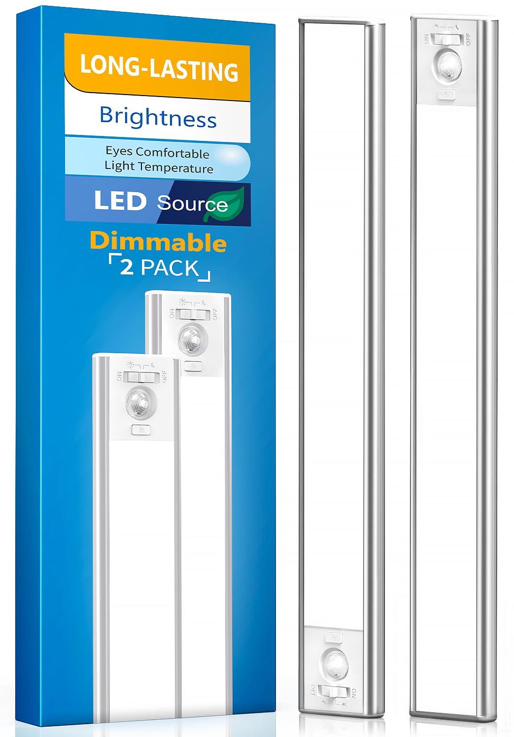 Under Cabinet Lighting, LED Motion Sensor Light Indoor, 2200mAh USB Rechargeable Closet Lights Battery Operated, Stick On Magnetic Wireless Dimmable Under Counter Lights for Kitchen, Stairs (2 Pack)