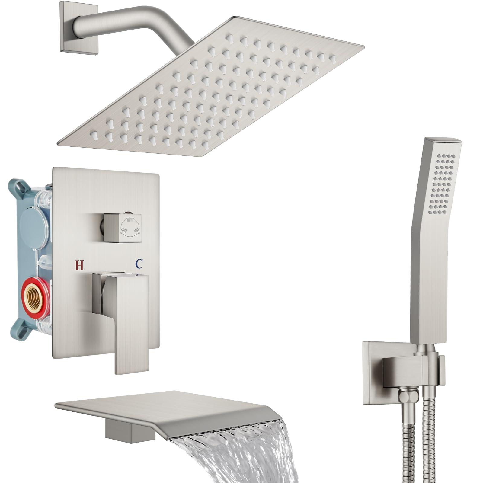 Midanya Rain Shower System Tub Shower Faucet Set Square Rainfall Shower Head with Handheld Sprayer and Waterfall Tub Spout Rough-in Valve Shower Mixer Combo,8 Inch Brushed Nickel