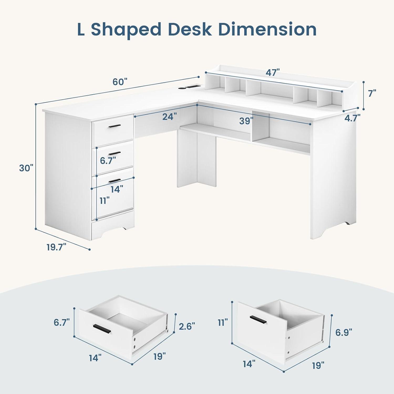White L Shaped Desk with 3 Drawers, 60 inch Corner Desk with Moveable Hutch and Power Outlet, Large Home Office Corner Computer Desk with Storage File Cabinet - Image 2
