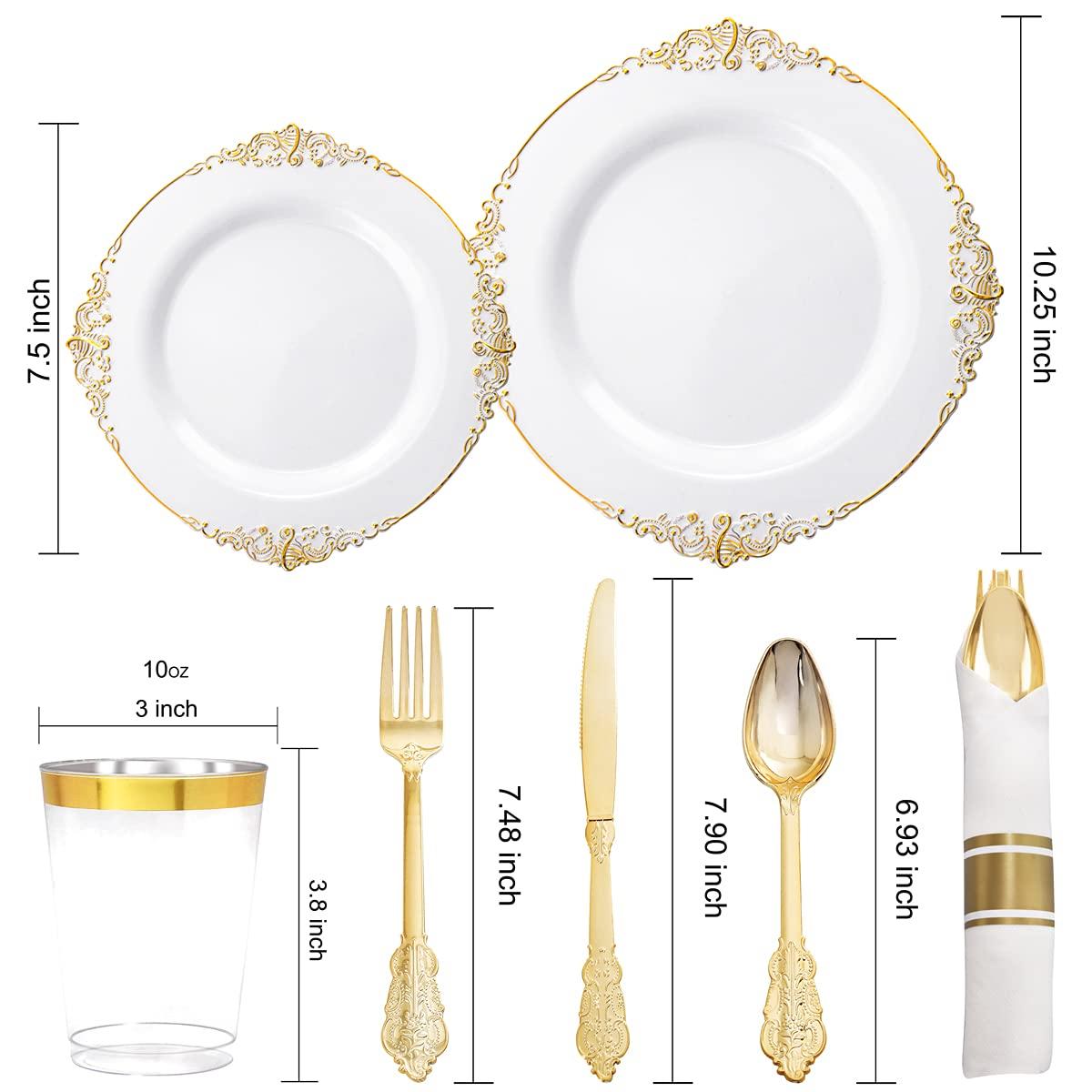 Nervure 350PCS Gold Plastic Plates - Gold Plastic Dinnerware Sets for 50 Guests - 100 Disposable Plates, 150 Silverware, 50 Cups, 50 Napkins for Wedding & Party & Graduation - Image 3