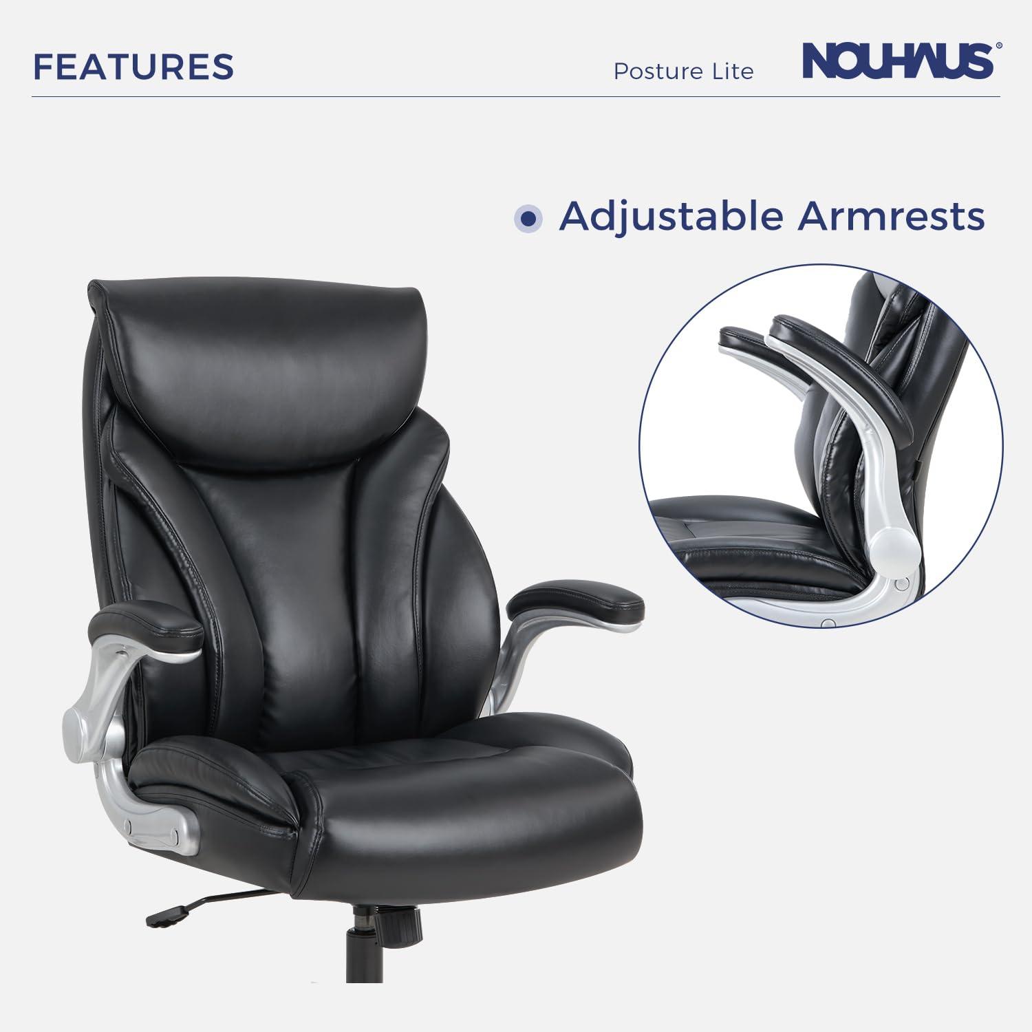 Nouhaus Big and Tall Desk Office Chair with Lumbar Support, High Back PU Leather Ergonomic Office Chair, Executive Desk Chair Computer Chairs with Adjustable Flip-up Armrests (Posture Lite,Black) - Image 5