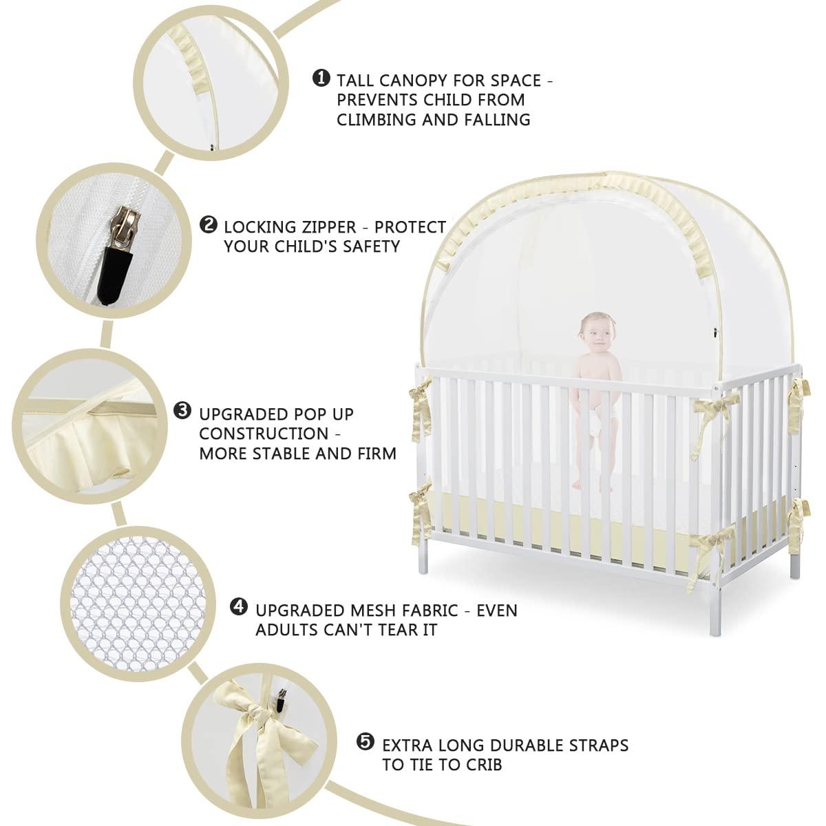 L RUNNZER Baby Safety Crib Tent, Pop Up Canopy for Crib to Stop Baby from Climbing Out, Infant Mesh Cover Mosquito Net with Sturdy Frame & Soft Mesh, Beige, (R07-beige) - Image 6