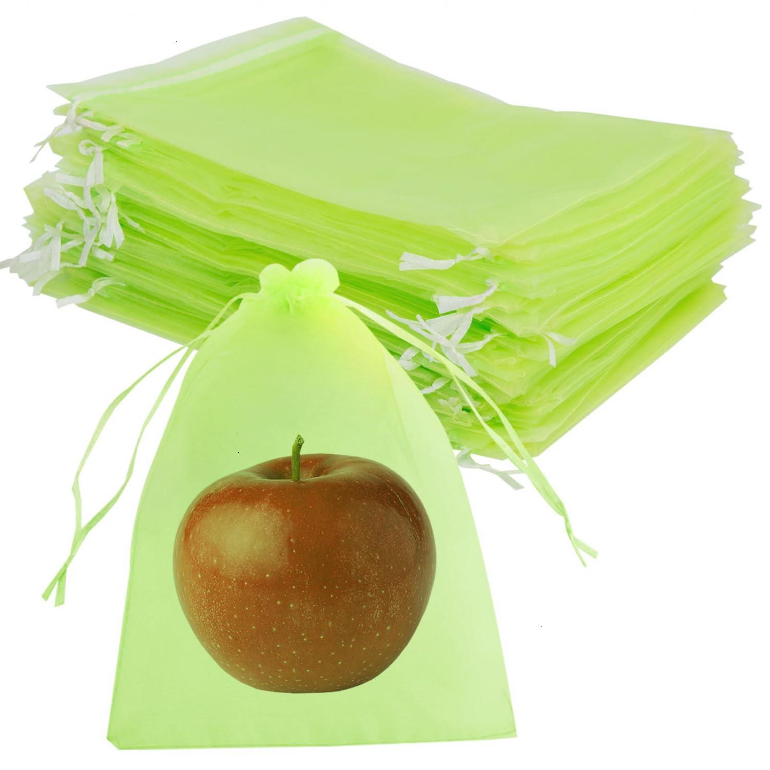 June Fox 50 Pcs Fruit Protection Bags 6x9 inch, Fruit Netting Cover Bags with Drawstring for Mangoes Tomatoes Fruits Trees Veggies Garden (Green)