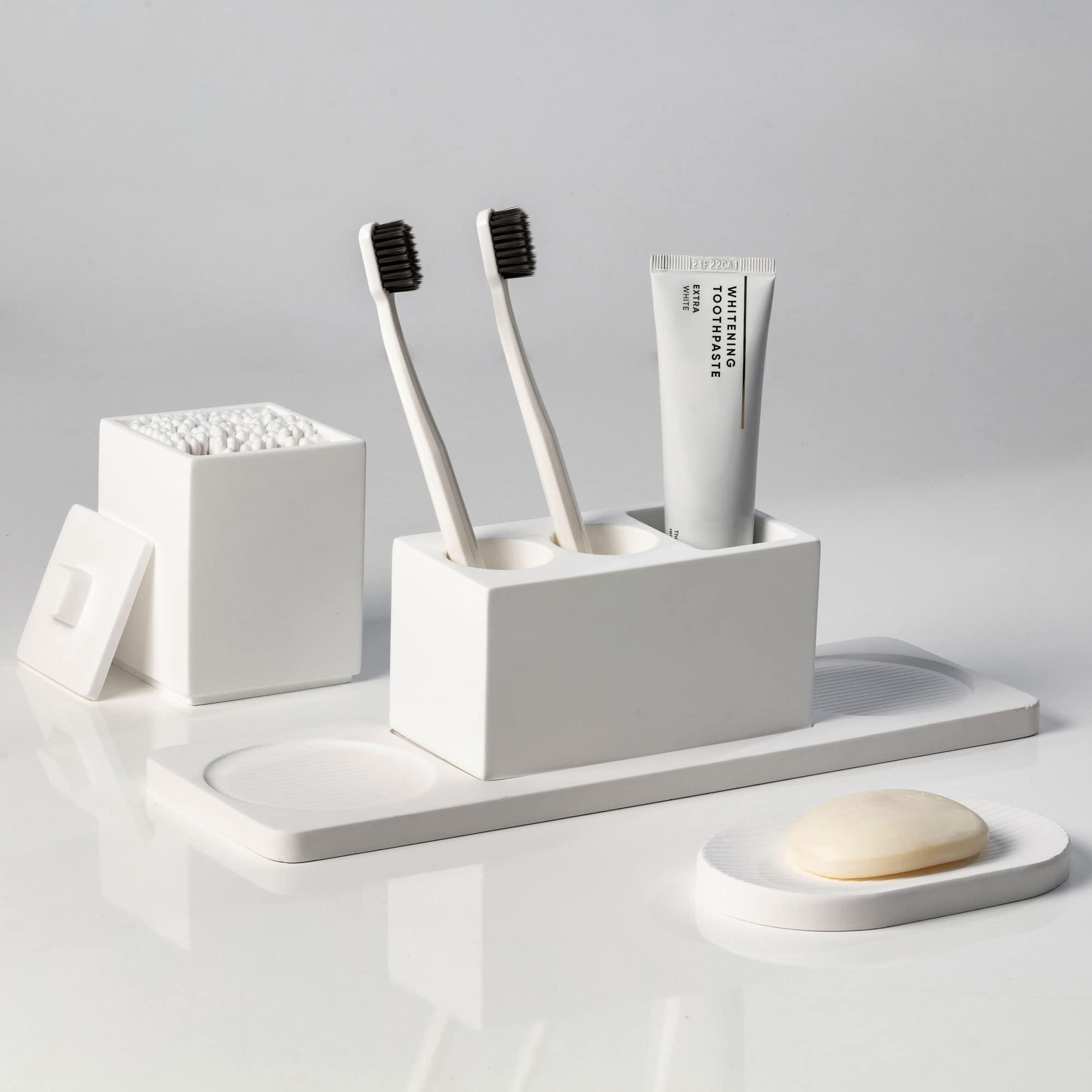 AUSAULAC Ceramic Toothbrush Holders for Bathrooms, White Bathroom Accessories Diatomite, Electric Toothbrush Holder Countertop with Toothbrush Holders, Soap Dish Set - Image 5