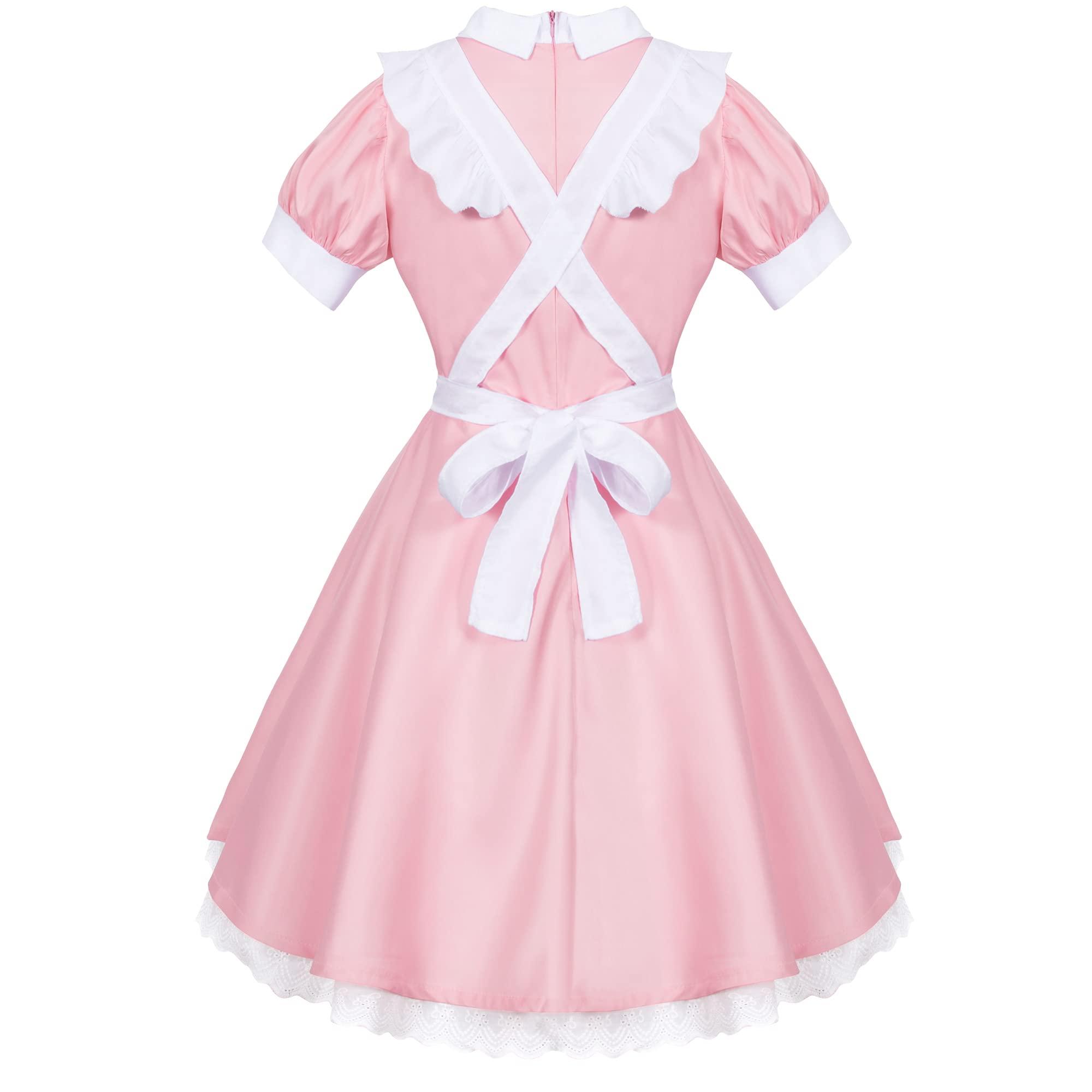 Wannsee Japanese Anime 6Pcs Lolita French Maid Apron Fancy Dress Cosplay Costume Gloves Headwear Socks set(Pink L) - Image 5