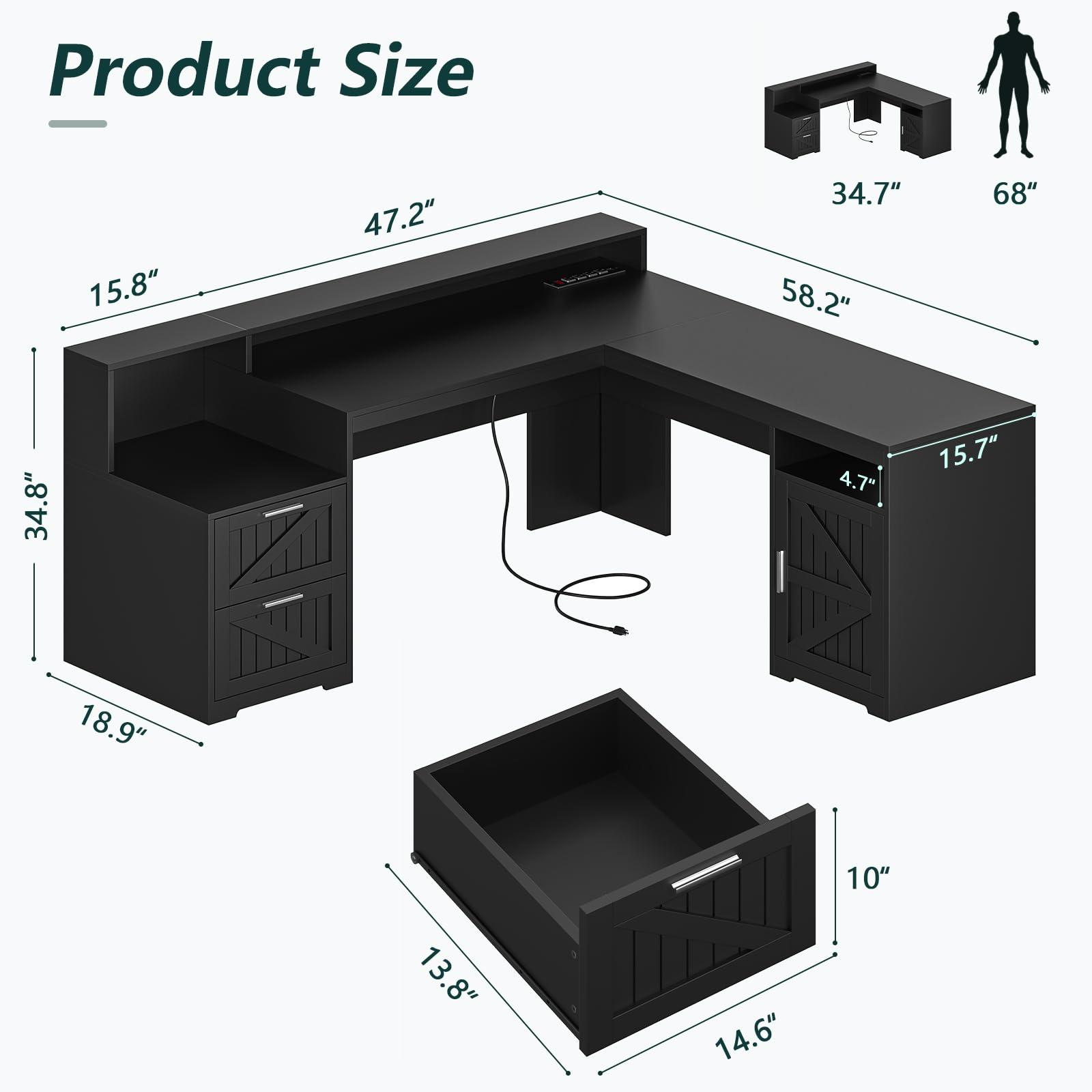 YOMILUVE 63" Farmhouse L Shaped Desk with Drawers & Storage Shelf, Corner Computer Desk with Power Outlets for Home Office, Executive Desk with Monitor Stand, Printer Shelf, Black - Image 3