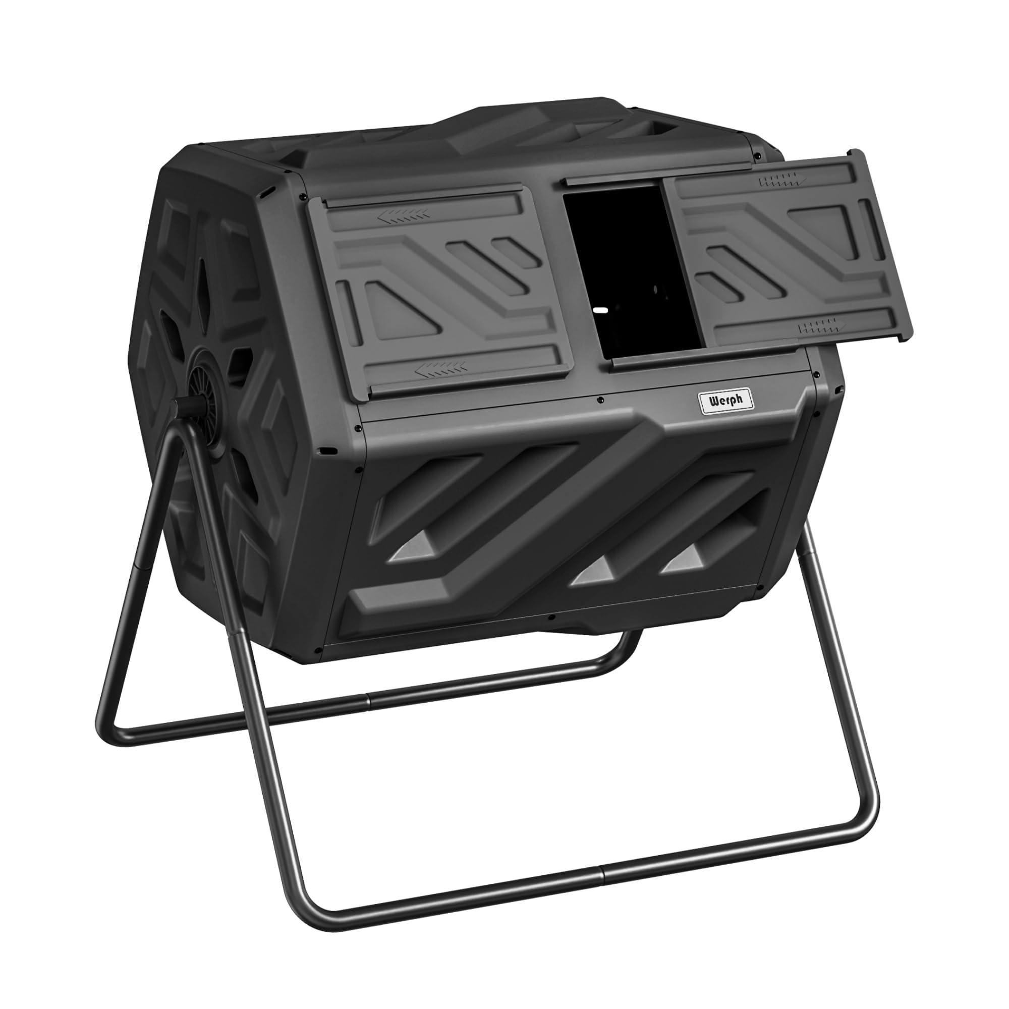 Werph Compost Bin, Outdoor Composter, Fast Assembly 43 Gallon Dual Chamber Outdoor Compost Tumbler, Heavy Duty Tumbling Rotating Composter for Patio, Garden,Yard, Black, Easy Setup, Gloves Included