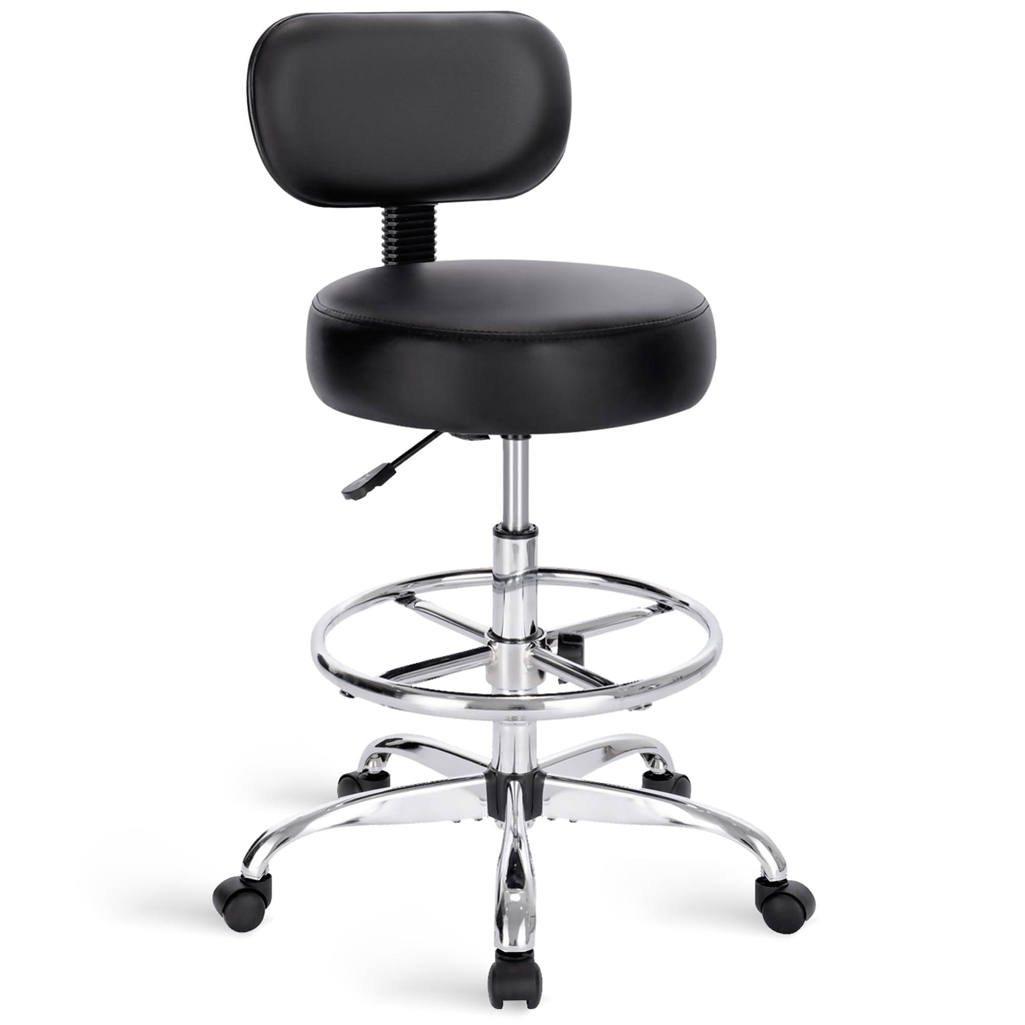 SUPERJARE Drafting Chair with Back, Adjustable Foot Rest Rolling Stool, Multi-Purpose Office Desk Chair, Thick Seat Cushion for Home Bar Kitchen Shop - Black