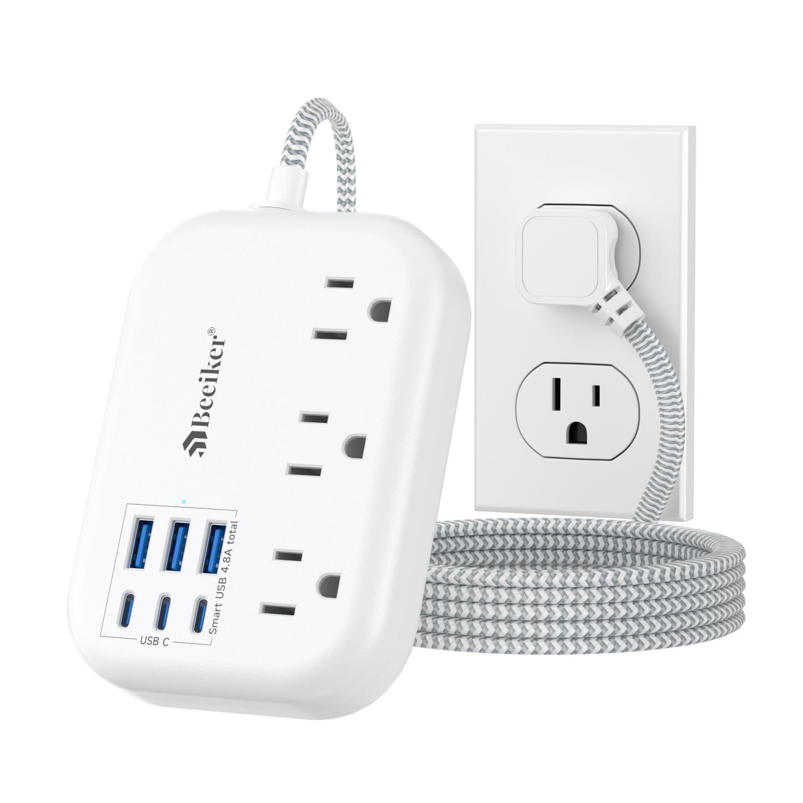 6 USB(3 USB C) Power Strip- Travel Power Strip with 6 USB Desktop Charging Station 24W/4.8A and 3 Outlets, 5Ft Flat Plug Braided Extension Cord, Non Surge Protector for Cruise Ship Travel Office Dorm