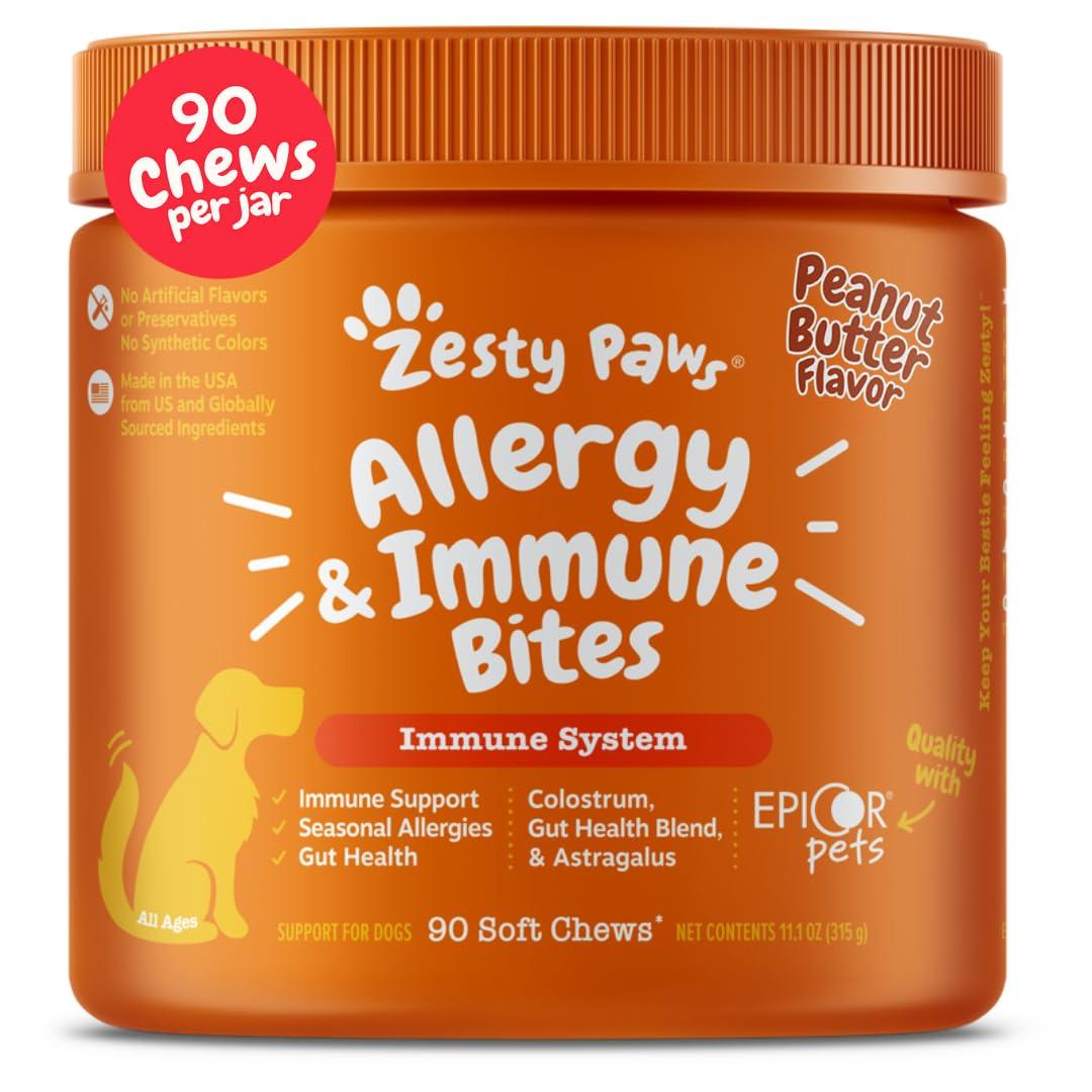 Zesty Paws Dog Allergy Relief- Dog Itching Skin Relief- Dog Probiotics for Itchy Skin and Itchy Ears- Dog Allergy Paw Relief- Dog Allergy Chews- Dog Itch Relief - Dog Skin Allergy Relief - PB - 90ct