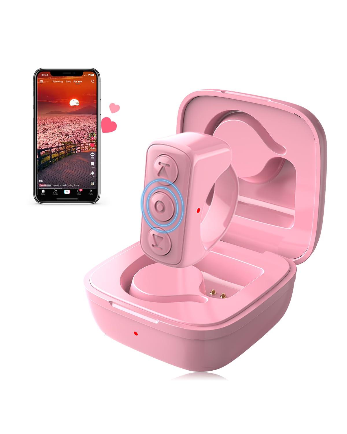 Remote Scrolling Ring for TikTok, Bluetooth Page Turner for iPad iPhone, Scroller Remote for TIK Tok, Camera Shutter Remote Control for iOS, Android - Pink