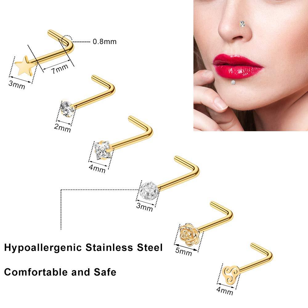 ONESING 35-70 PCS 18G 20G Nose Rings for Women & Men - Gold Hoops, L Shape, Studs & Screw - 316L Surgical Stainless Steel - Image 3