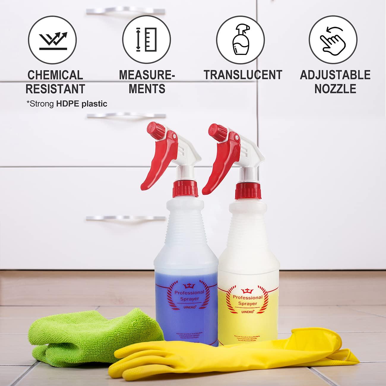 Uineko Plastic Spray Bottle (4 Pack, 24 Oz, All-Purpose) Heavy Duty Spraying Bottles Leak Proof Mist Empty Water Bottle for Cleaning Solution Planting Pet with Adjustable Nozzle and Measurements - Image 3