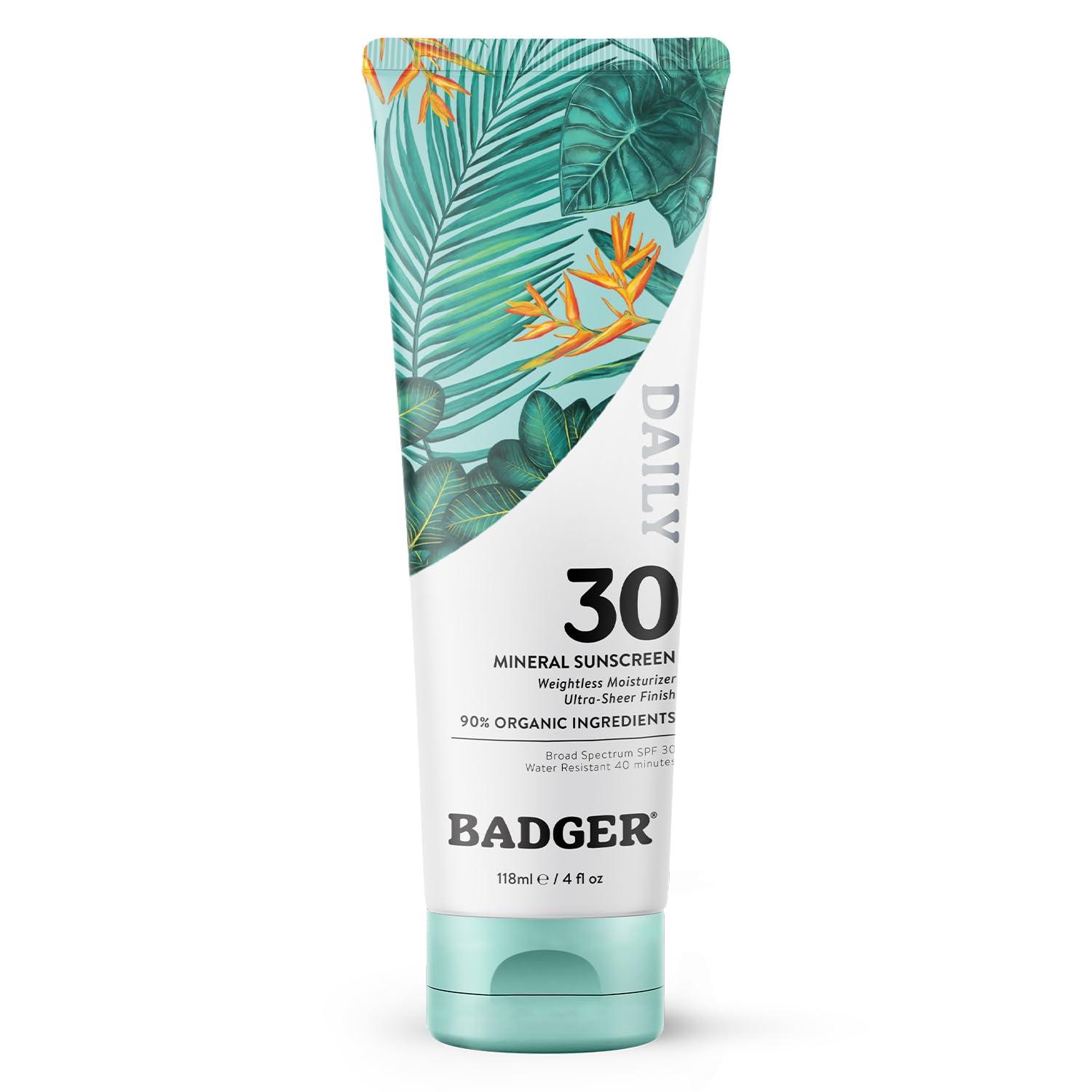 Badger Mineral Daily Sunscreen with Zinc Oxide, SPF 30, Larger Tube, Lightweight & Easy to Apply w/No White Cast, Certified Organi, Reef Safe, Vegan, Unscented, 4 fl oz