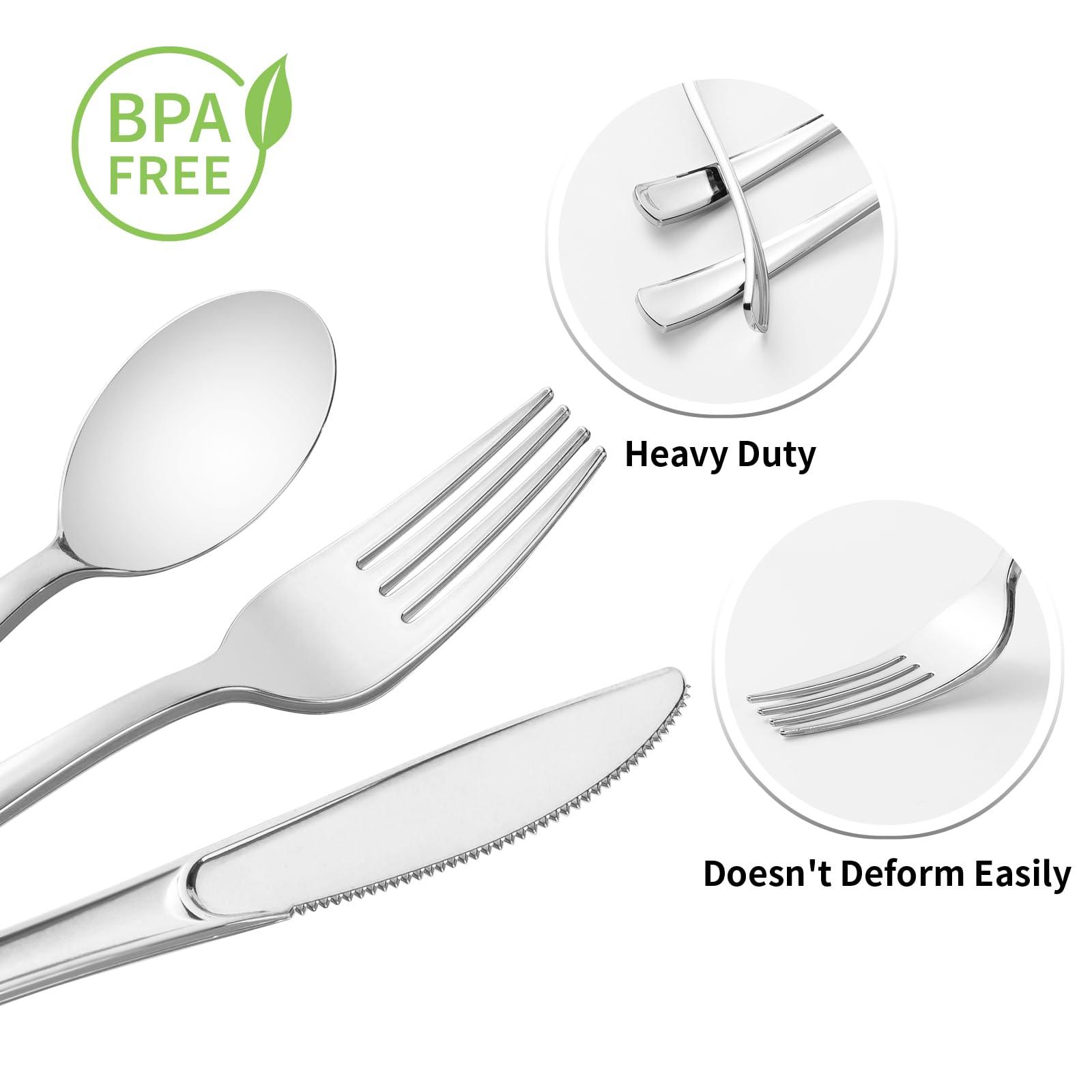 Goodluck 50 Pack Pre Rolled Silver Plastic Silverware, Wrapped Plastic Cutlery Set with Napkin Include 50 Forks, 50 Knives, 50 Spoons and 50 Napkins, Fancy Disposable Silverware for Party, Wedding - Image 4