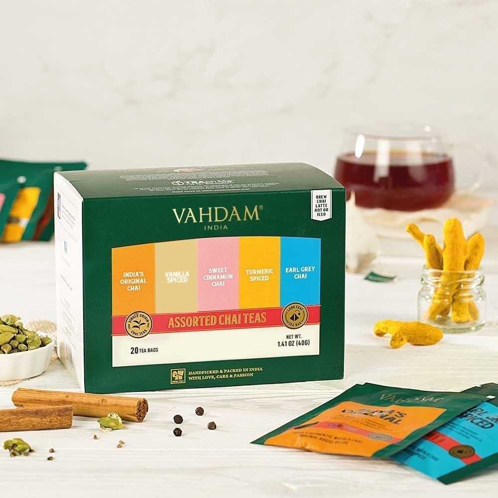 VAHDAM, Assorted Chai Tea Bags Sampler (5 Flavors, 20 Ecofriendly Pyramid Tea bags) I Gift Ideas for Women & Men | Masala Chai Tea Varieties from India | Gluten Free & Non GMO | Gifts for Him/Her - Image 2