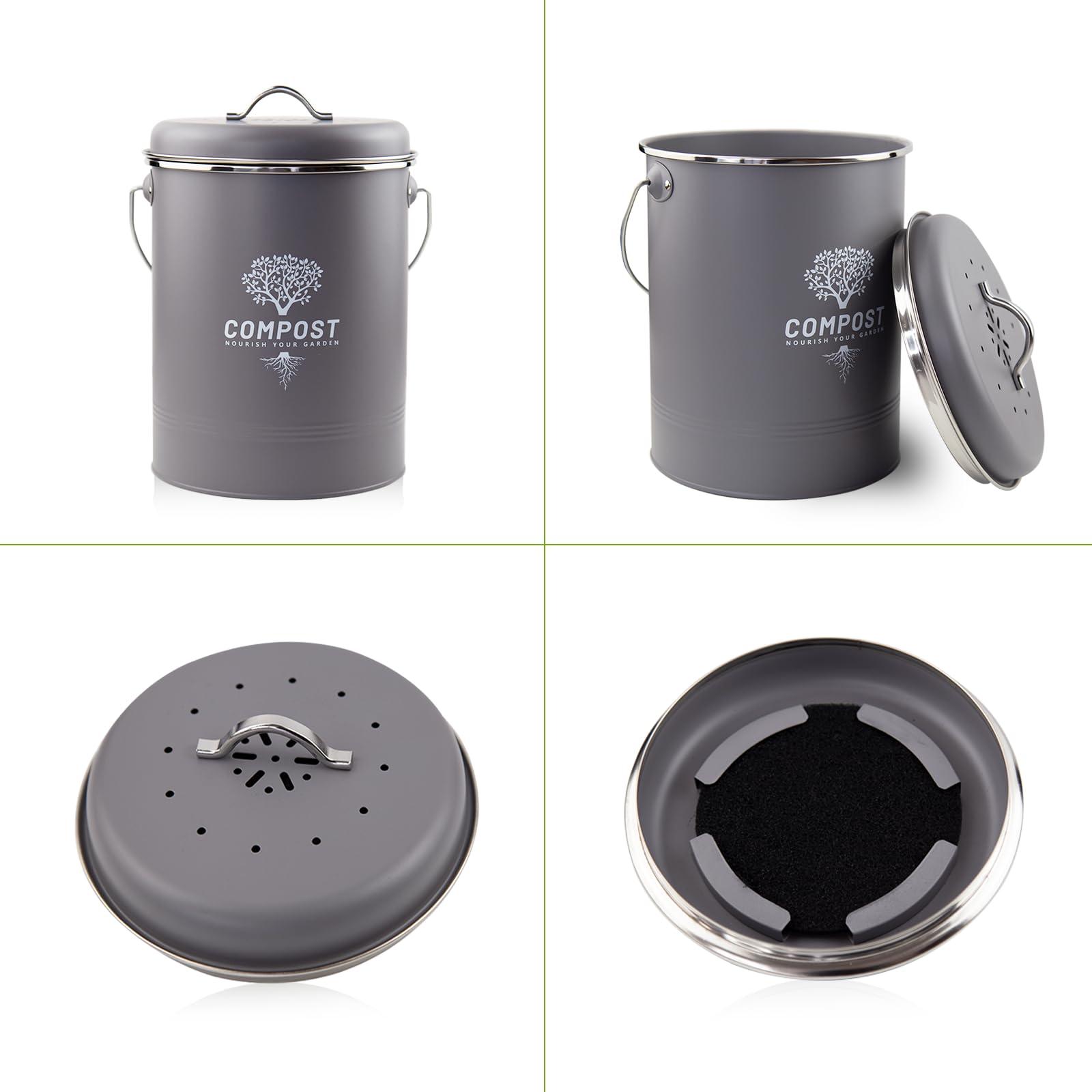 Holismo Kitchen Countertop Compost Bin, Odor Resistant Indoor Compost Bin with Lid and Charcoal Filter, Rust Resistant Coated Compost Bucket, Compost Container, Gray - Image 4