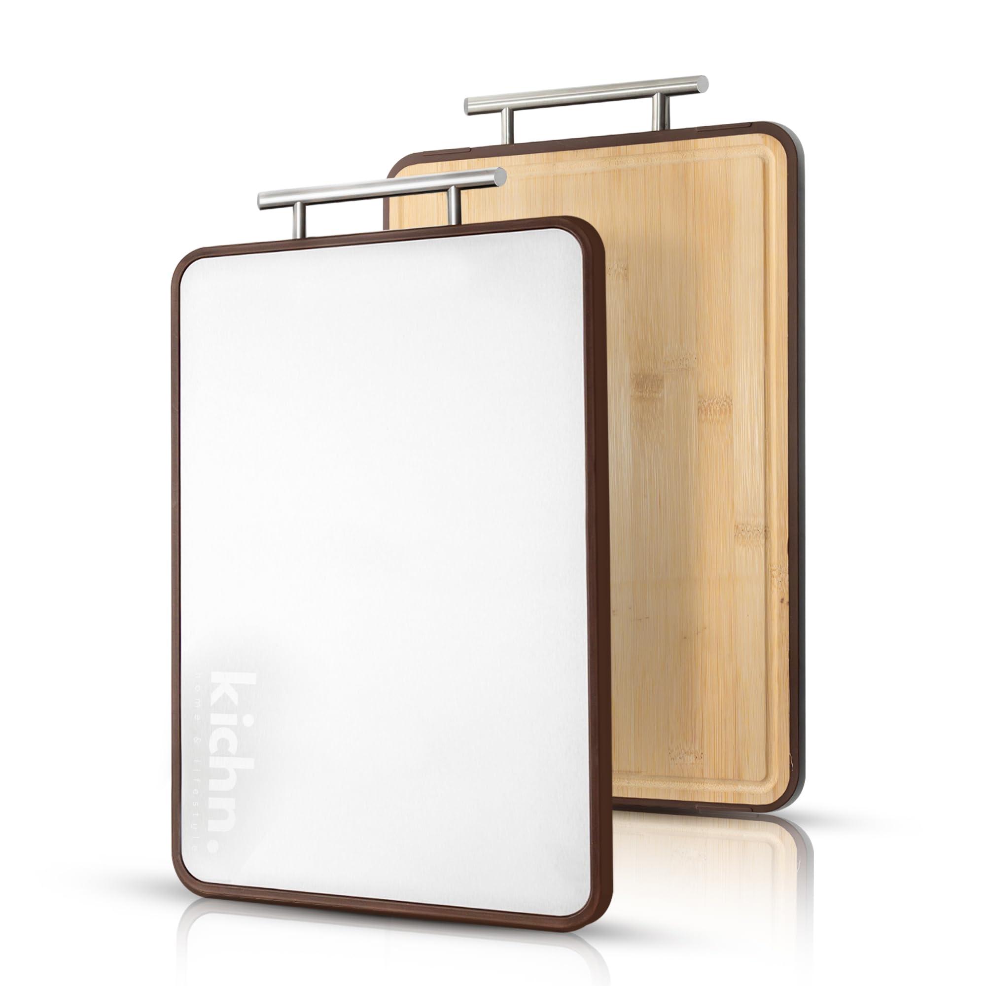 304 Stainless Steel Cutting Board, Bamboo Cutting Board, Double Sided Chopping Board for Meat & Vegetables, Non-Slip, Easy to Clean, Food Grade, Non Toxic, 15" x 10"