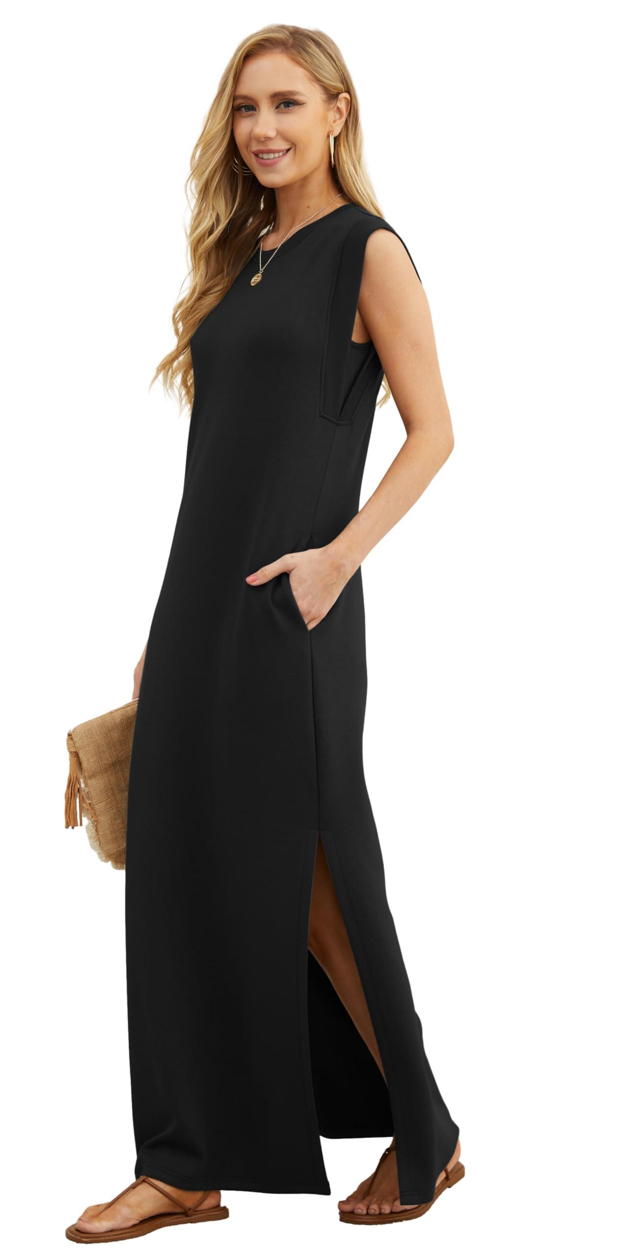 GRECERELLE 2025 Women Year-Round Casual Round Neck Loose Split Wrinkle-Free Long Maxi Vacation Dress with Pockets (XS-3XL) - Image 2
