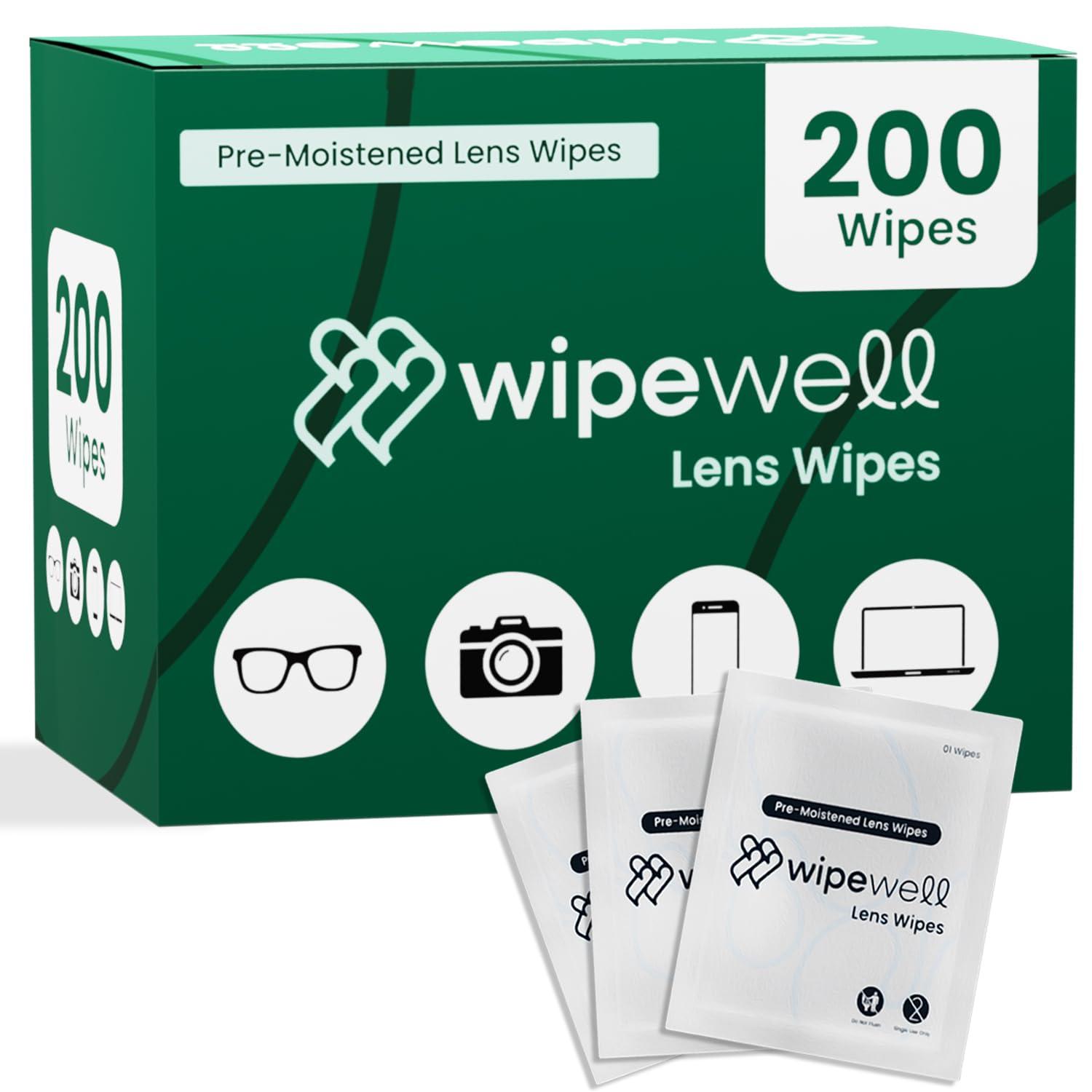 WipeWell Lens Cleaning Wipes – Streak-Free, Quick-Dry, Anti-Fog Wipes for Glasses, Camera Lenses & Screens – Individually Wrapped for Travel – Safe for All Lenses (200 Count)