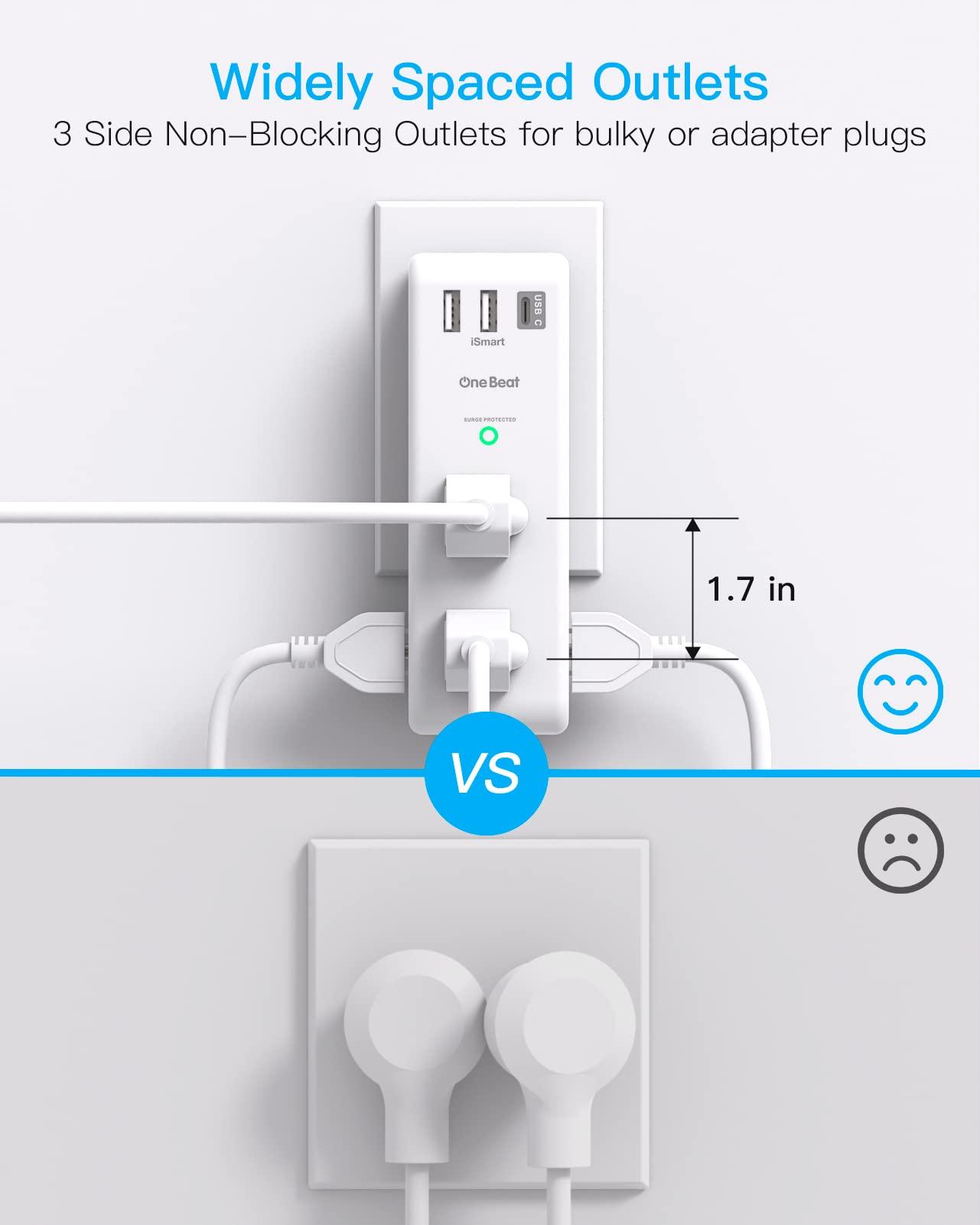 Surge Protector Outlet Extender with Rotating Plug - One Beat 6 AC Multi Plug Outlet with 3 USB Ports (1 USB C), 1800J Wall Charger, 3-Sided Power Strip Spaced Outlet Splitter for Home Office Travel - Image 7