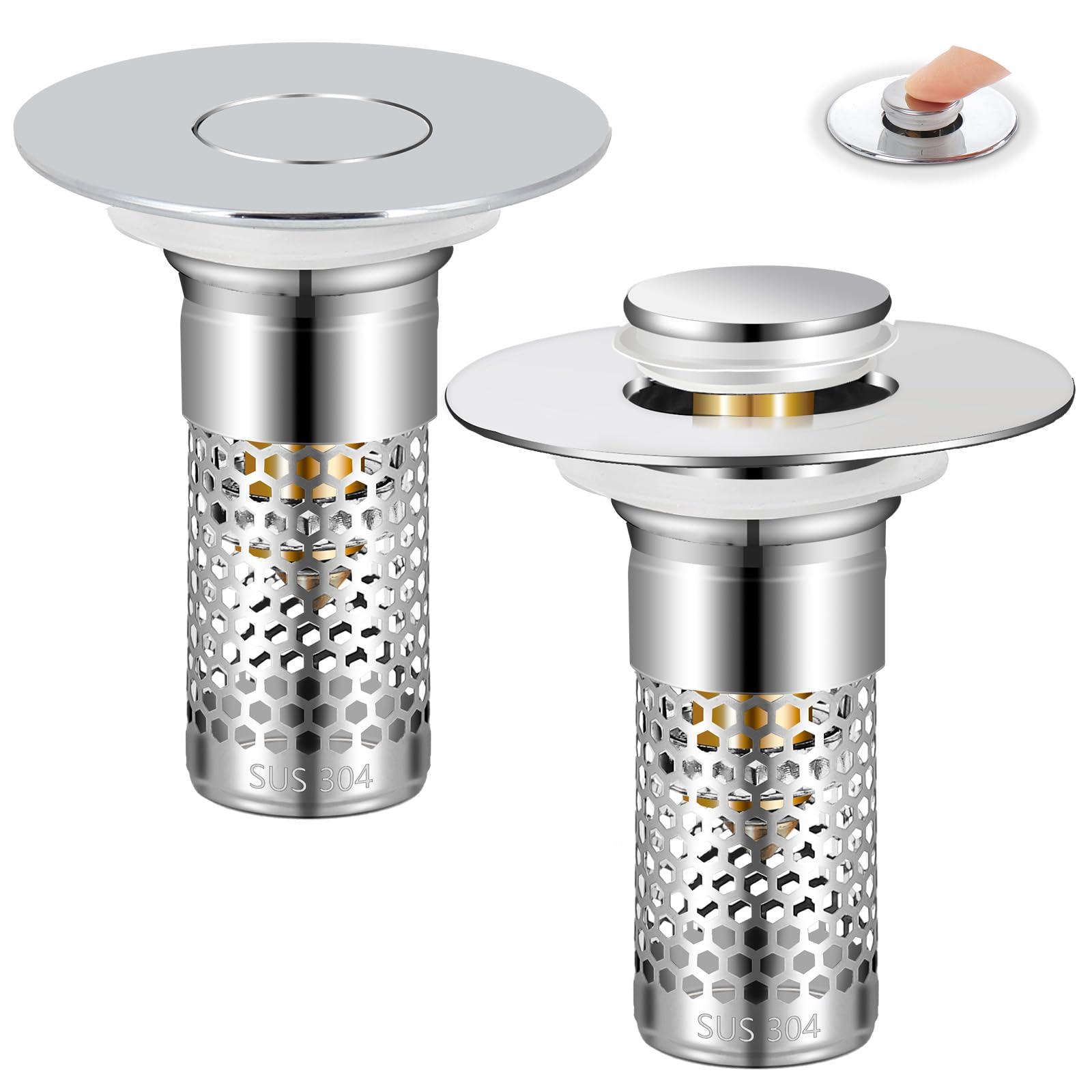TONGDWOU 2Pack Bathroom Sink Stopper 1.06"-1.50", Universal Bathroom Sink Drain Pop Up Stopper for US Bathroom Sink Stainless Steel Floor Drain Filter, U.S. Standard Universal Drain Filter (Silver)