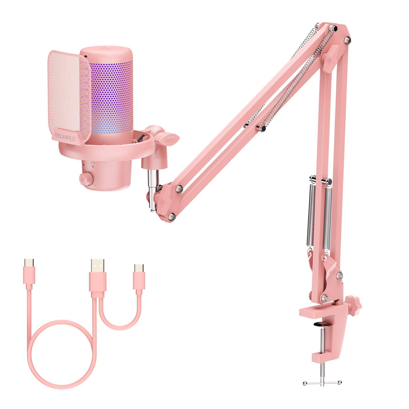 FEELWORLD VM1 Pink Gaming PC USB Microphone Condenser Mic with Noise Cancellation Mute RGB Light, Computer Accessories Gifts for Gamer YouTube Twitch Podcast Streaming Recording Online Chat PS4 PS5