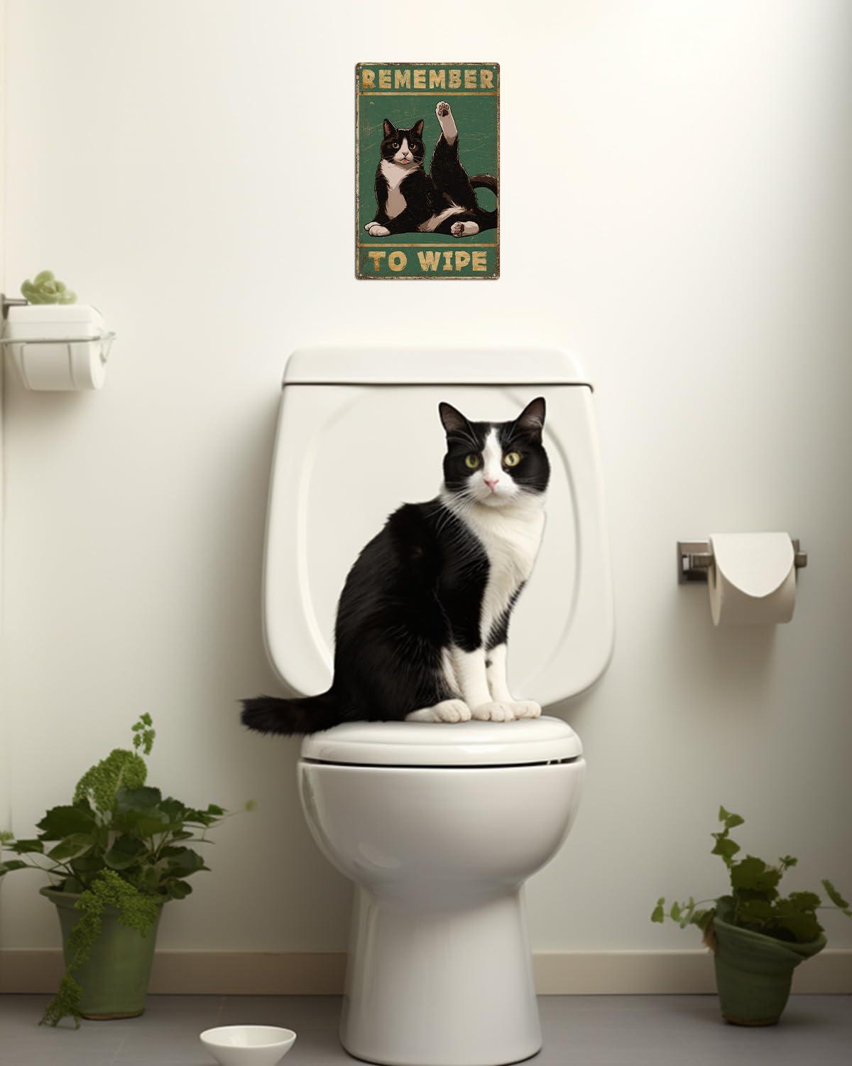 ALKB Bathroom Tuxedo Cat Sign - Remember to Wipe - Cat Lover Gift 8x12 Inch Vintage Metal Sign for Bathroom Decorations - Image 2
