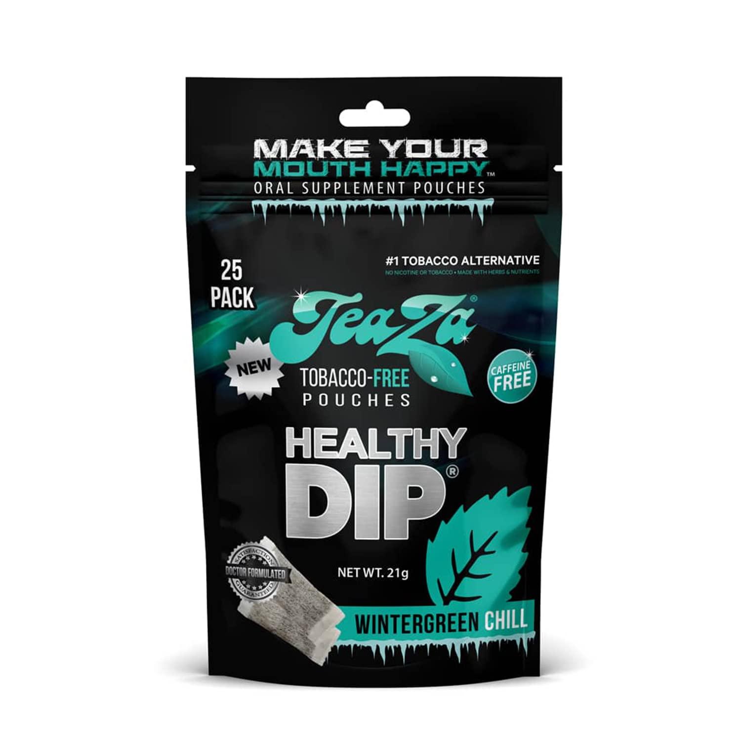 TeaZa Herbal Energy Pouches Tobacco Free Dip Nicotine Free, Smokeless Alternative Snuff Healthy Chewing Dipping Alternative, Wintergreen Chill (1 Pack) No Caffeine Refreshing Cool Flavor