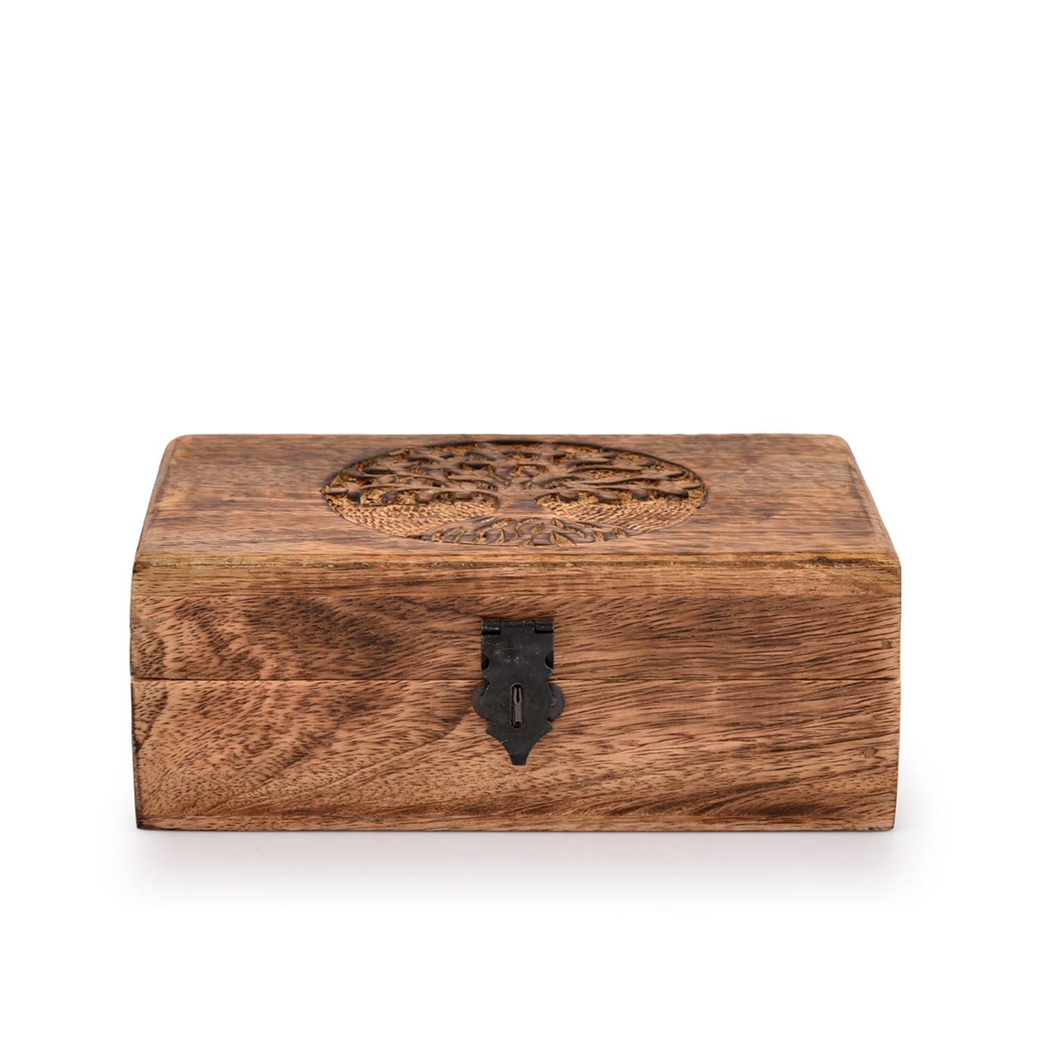 Samhita Handmade Mango Wood Tree of Life Engraving Beautifully Keepsake Box Jewellery Organiser Unique Gift Ideas for Men & Women (Flame Work Finish) - Image 4