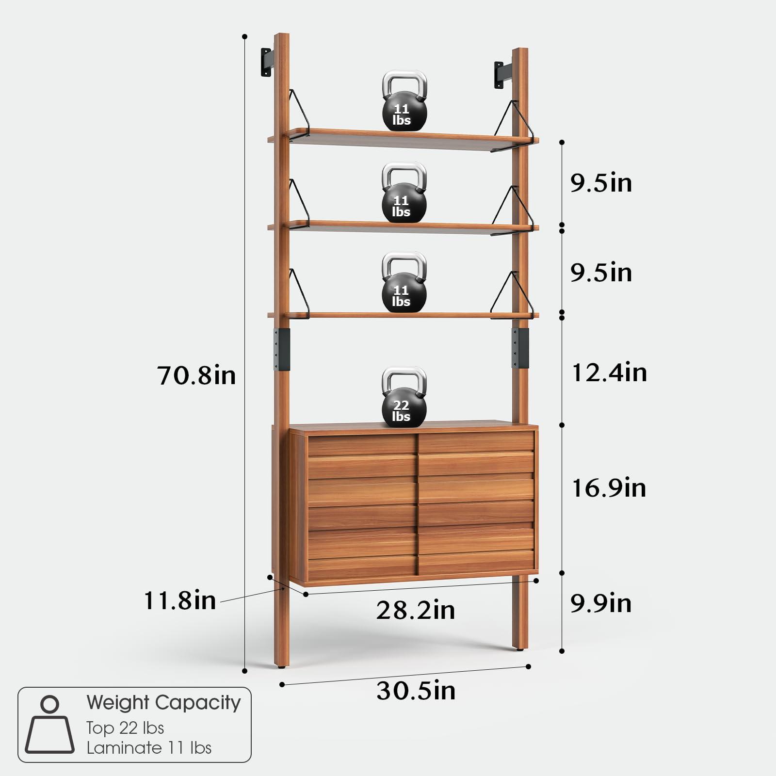 JOINICE, Ladder Bookshelf with Storage Cabinet, Mid Century Modern Wall Mounted Bookcase with Wood and Metal Frame, 6 Tier Open Display Shelves for Living Room, Bedroom, Home Office, Cherry - Image 2