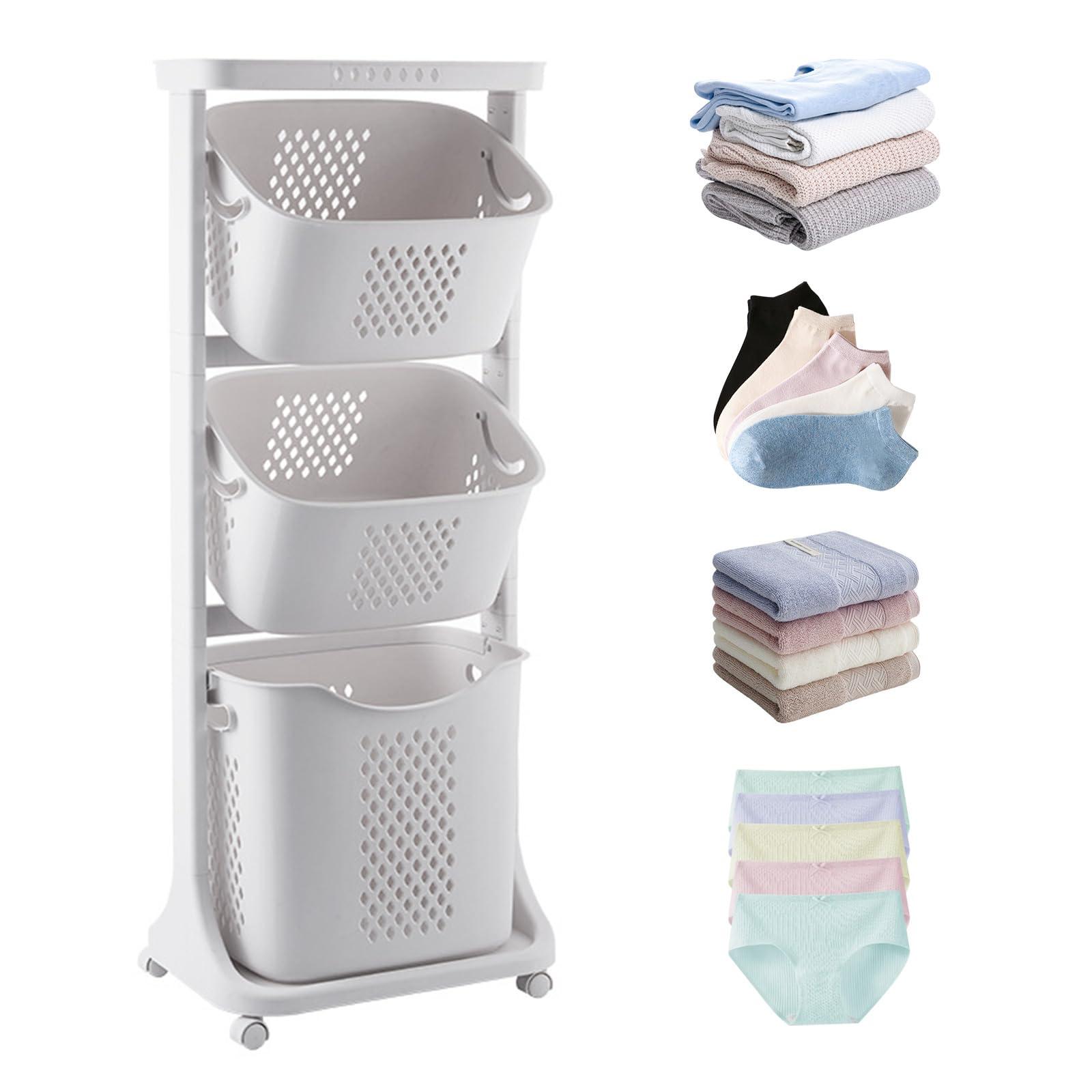 BAOKALER Rolling Laundry Hamper Cart with Wheels, 3 Tier White Laundry Baskets, Clothes Hamper with Portable Storage Baskets for Kitchens, Bathrooms, Bedrooms, Classrooms, Laundry Rooms