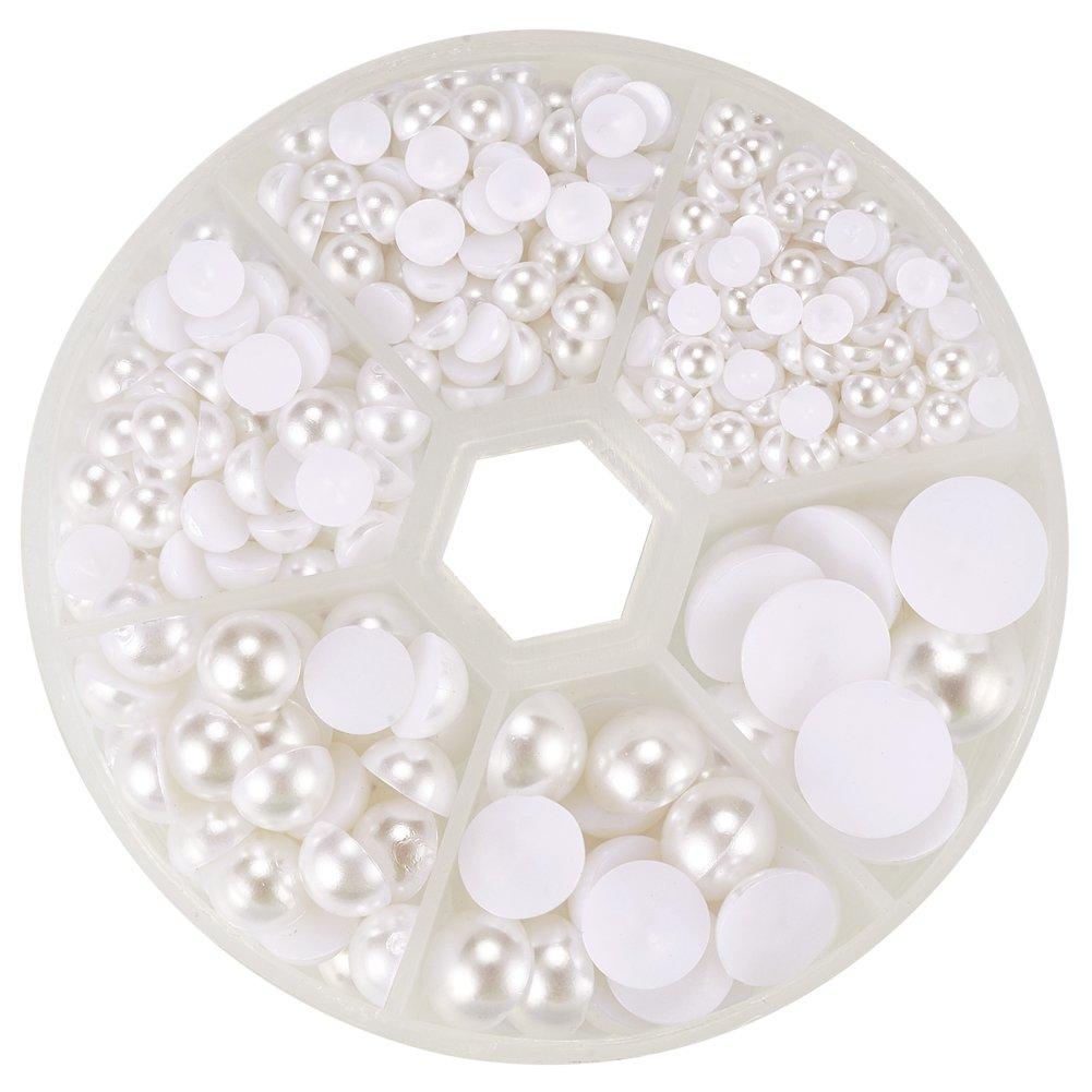 PH PandaHall 6 Sizes White Flat Back Pearls Cabochon 690pcs Flat Pearls Gems for Cup Nails Crafts Shoes Hairband Scrapbooking Embellishment Makeup Wedding Phone Case Making 4mm 5mm 6mm 8mm 10mm 12mm