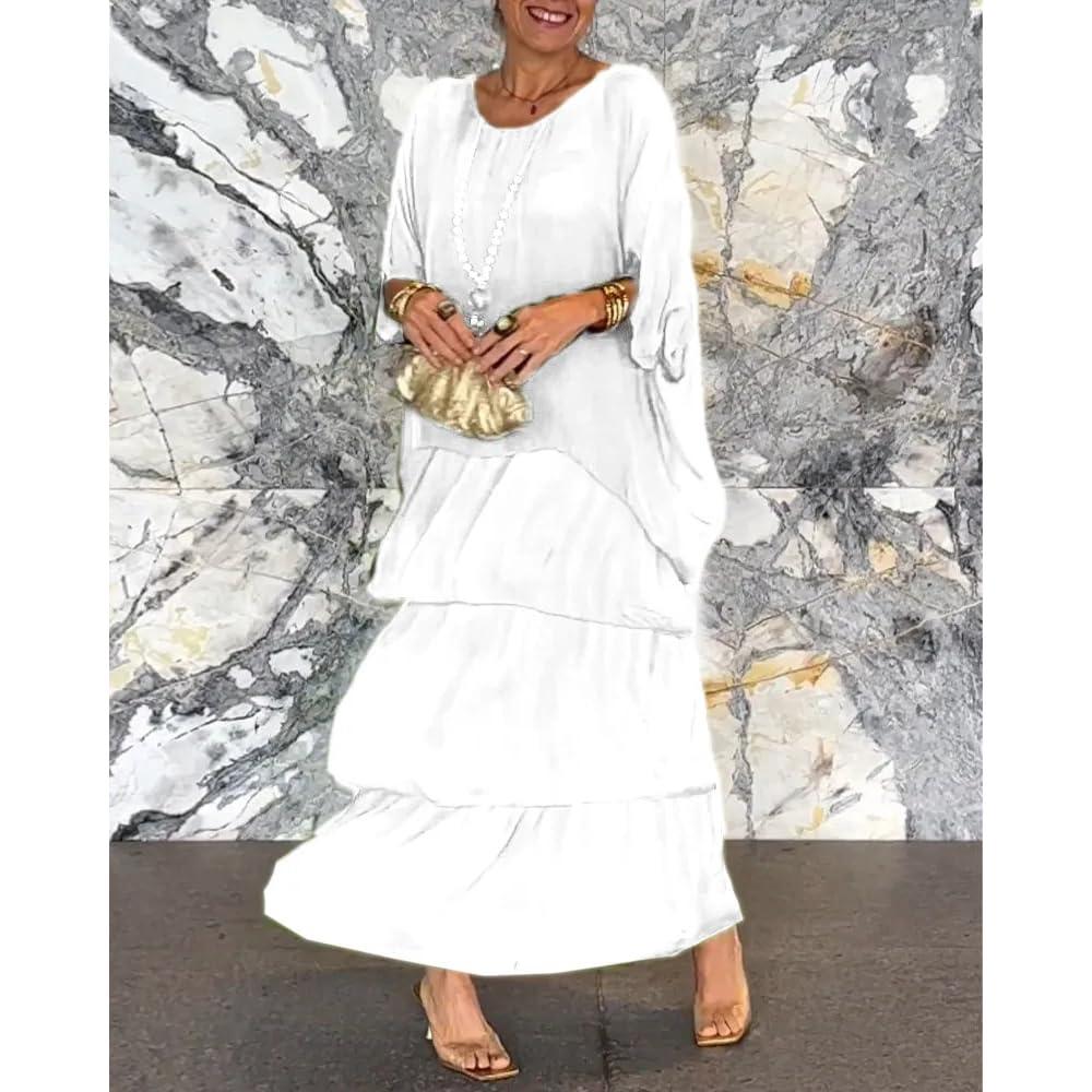 EUUDROBY Artistic Style Loose Dress, Women's Casual A-Line 3/4 Sleeve Round Neck Layered Summer Large Size Maxi Dresses (Gray,XX-Large) - Image 3